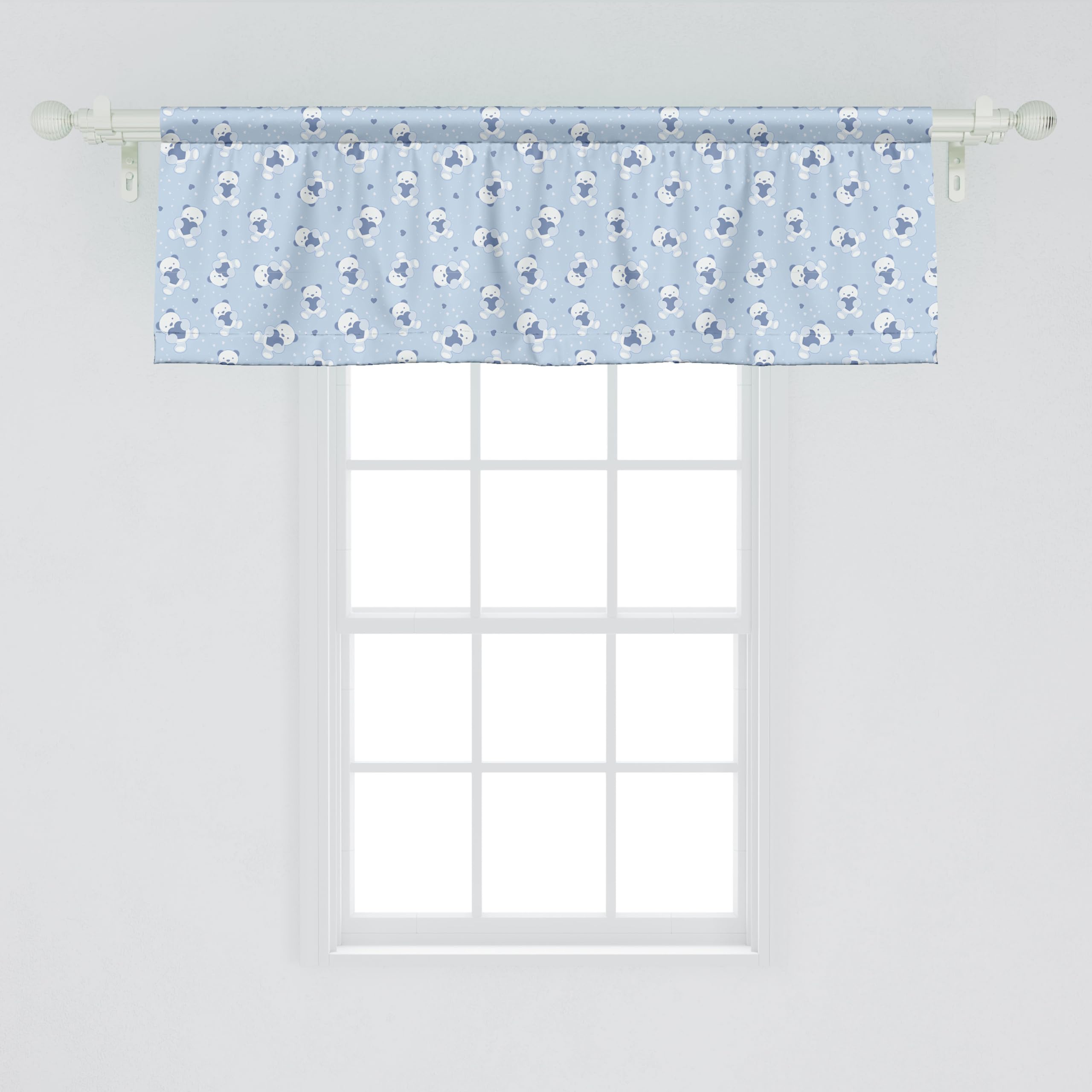 Ambesonne Teddy Bear Cartoon Window Valance - Blue Backdrop with Hearts Shower Theme, 54
