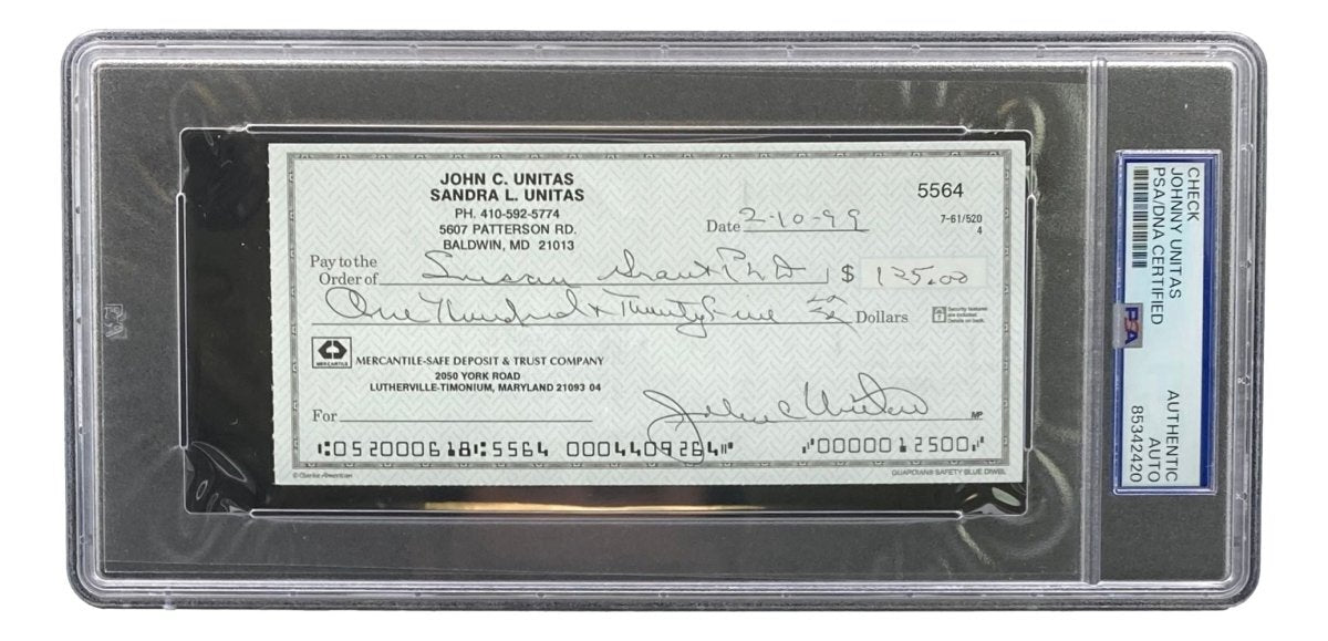 Johnny Unitas Baltimore Colts Autographed Bank Check #5564 PSA Certified - Rare NFL Memorabilia for Collectors & Sports Fans Display