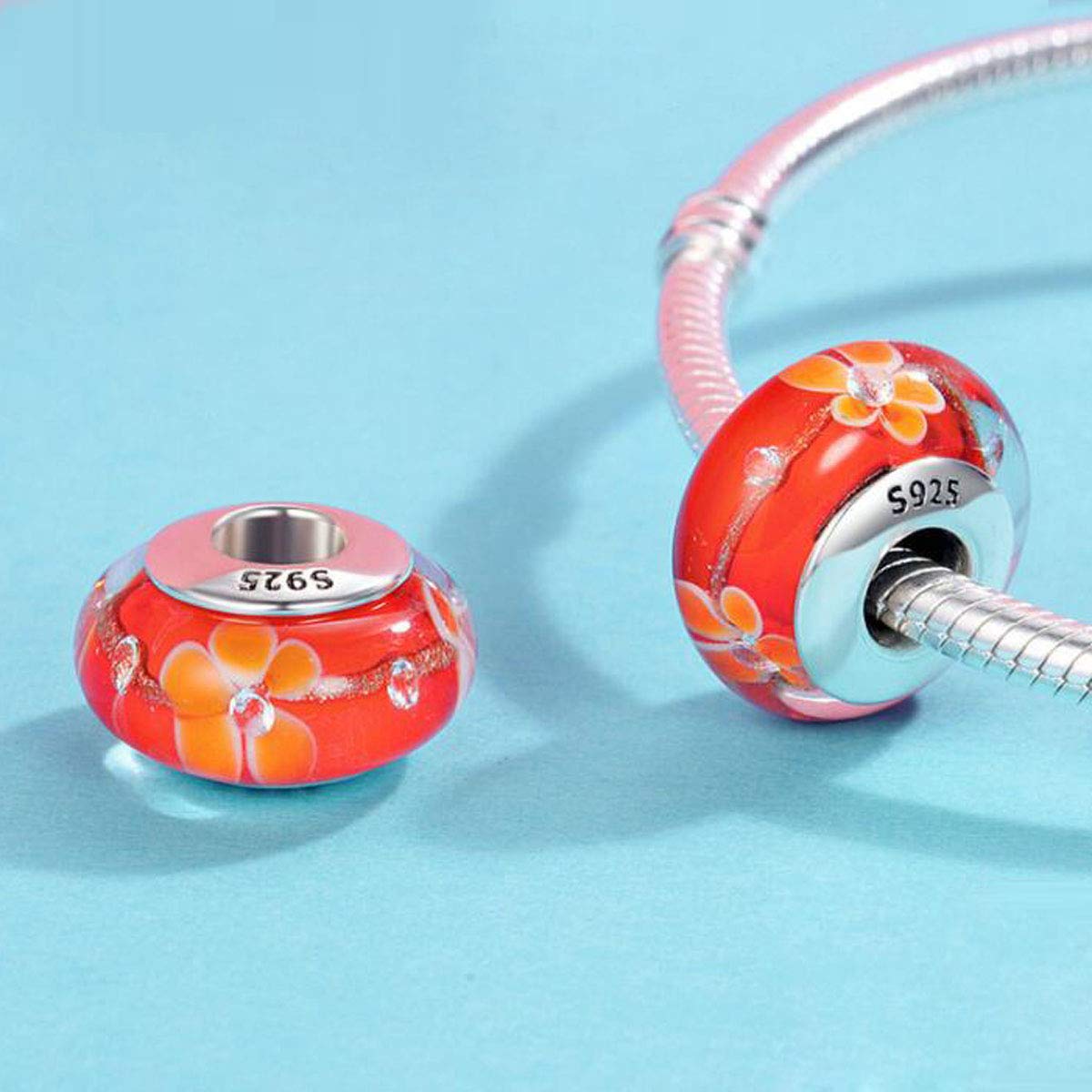 Authentic Murano Glass Beads with 925 Sterling Silver Core - Blue Bubbles & Pink Flower Charms for Pandora Bracelets | Handmade Italian Jewelry for Women, Gift Ideas, DIY Bracelet Making