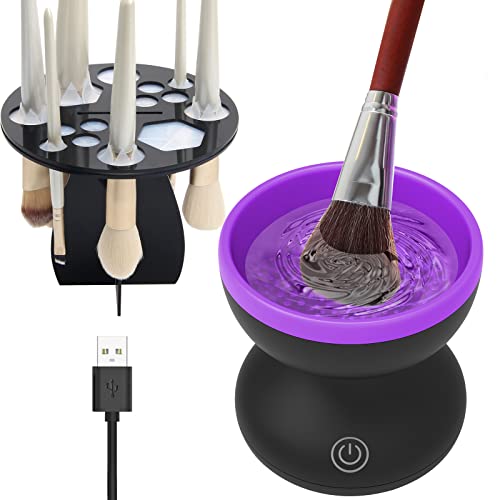 Luxiv 2-in-1 Electric Makeup Brush Cleaner & Drying Rack - Automatic Spinner Machine for All Size Brushes & Beauty Blenders (Black & Purple) | Perfect for Home Salon, Professional Makeup Artists & Travel Makeup Kits