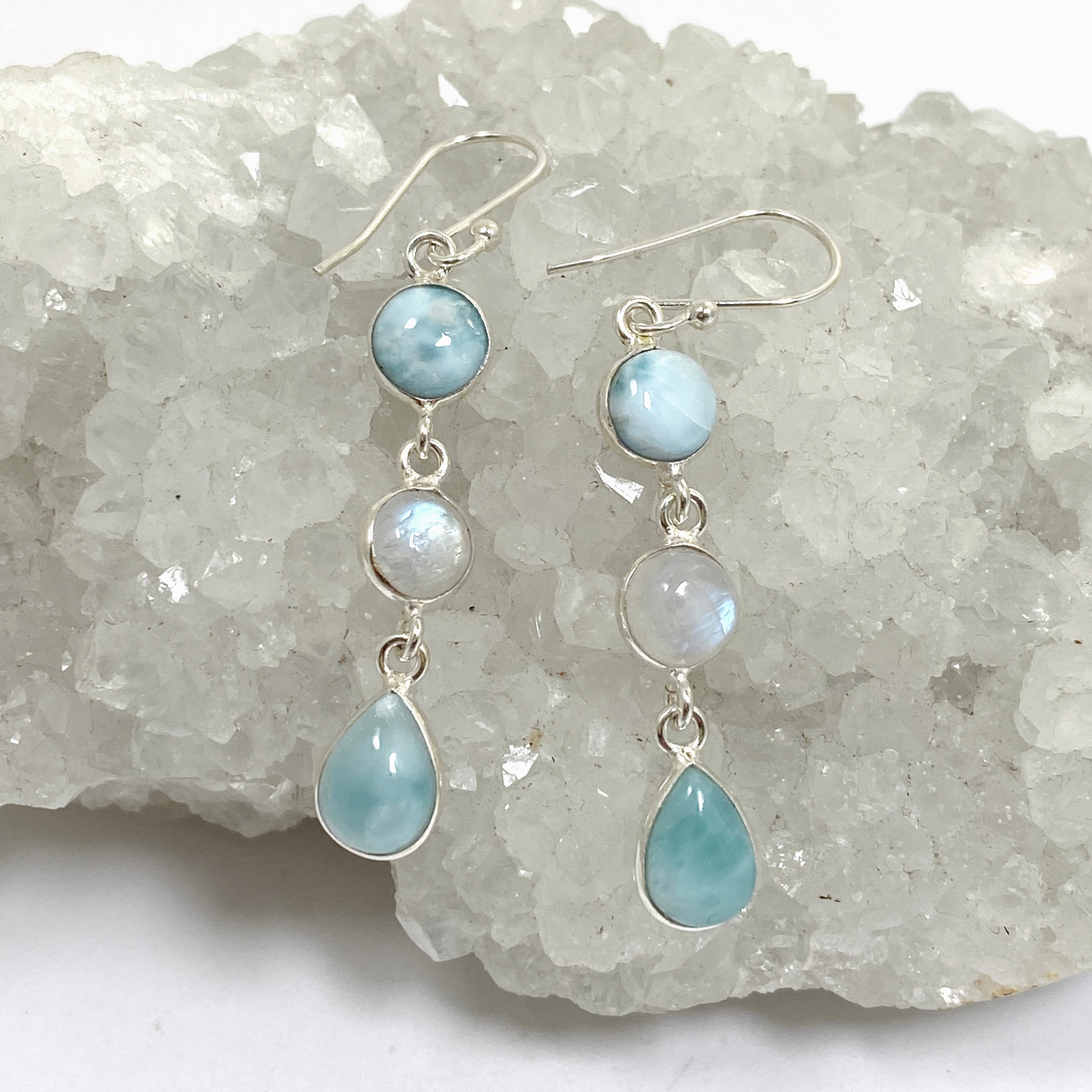 Larimar & Moonstone Dangle Earrings for Women - Handmade Sterling Silver Jewelry - Perfect for Weddings, Parties & Gifts