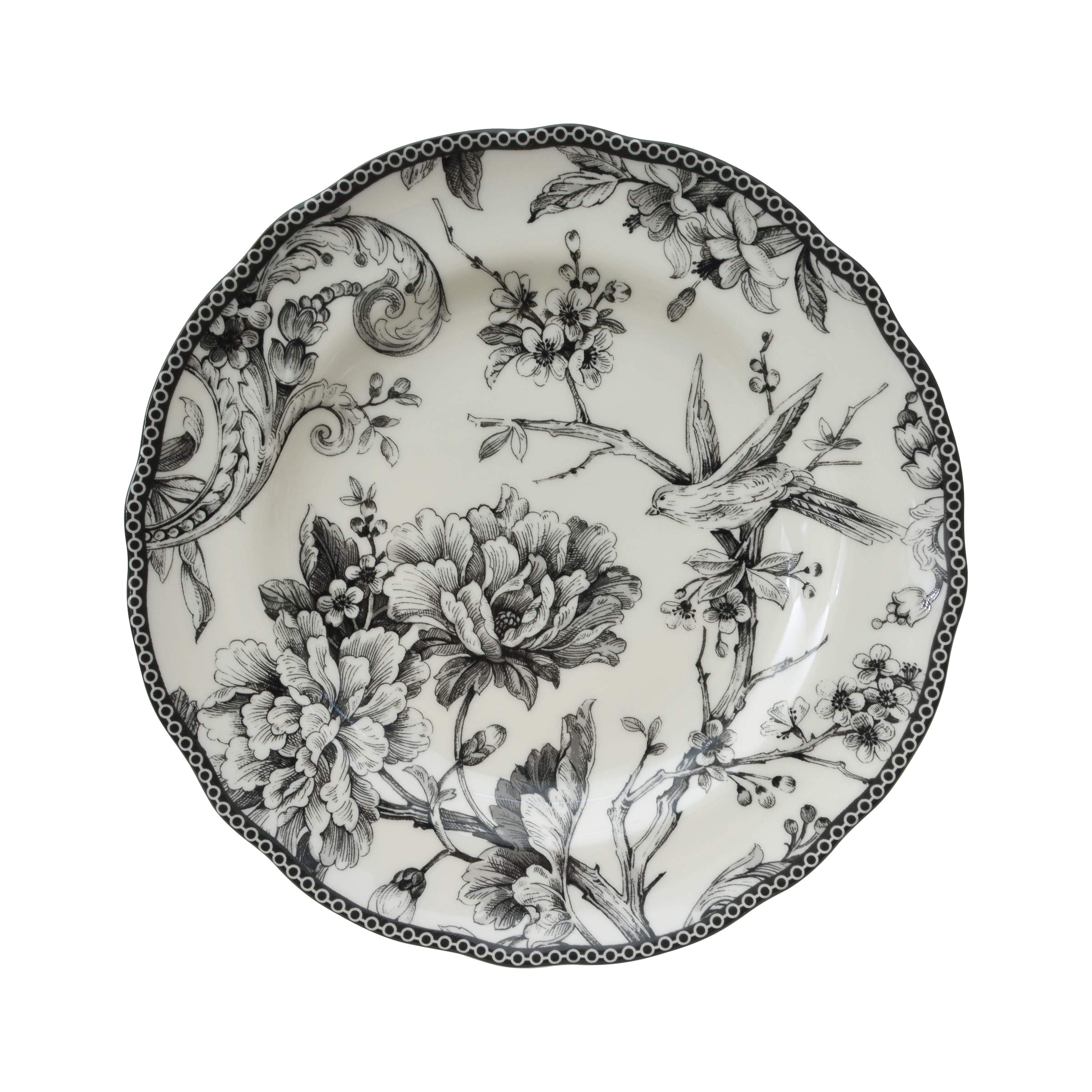 222 Fifth Adelaide 16-Piece Porcelain Dinnerware Set - Service for 4, Elegant Black Dinner Plates with Hand-Painted Woodland Bird Design, Microwave & Dishwasher Safe for Everyday Use, Perfect for Family Dinners, Parties & Holiday Entertaining