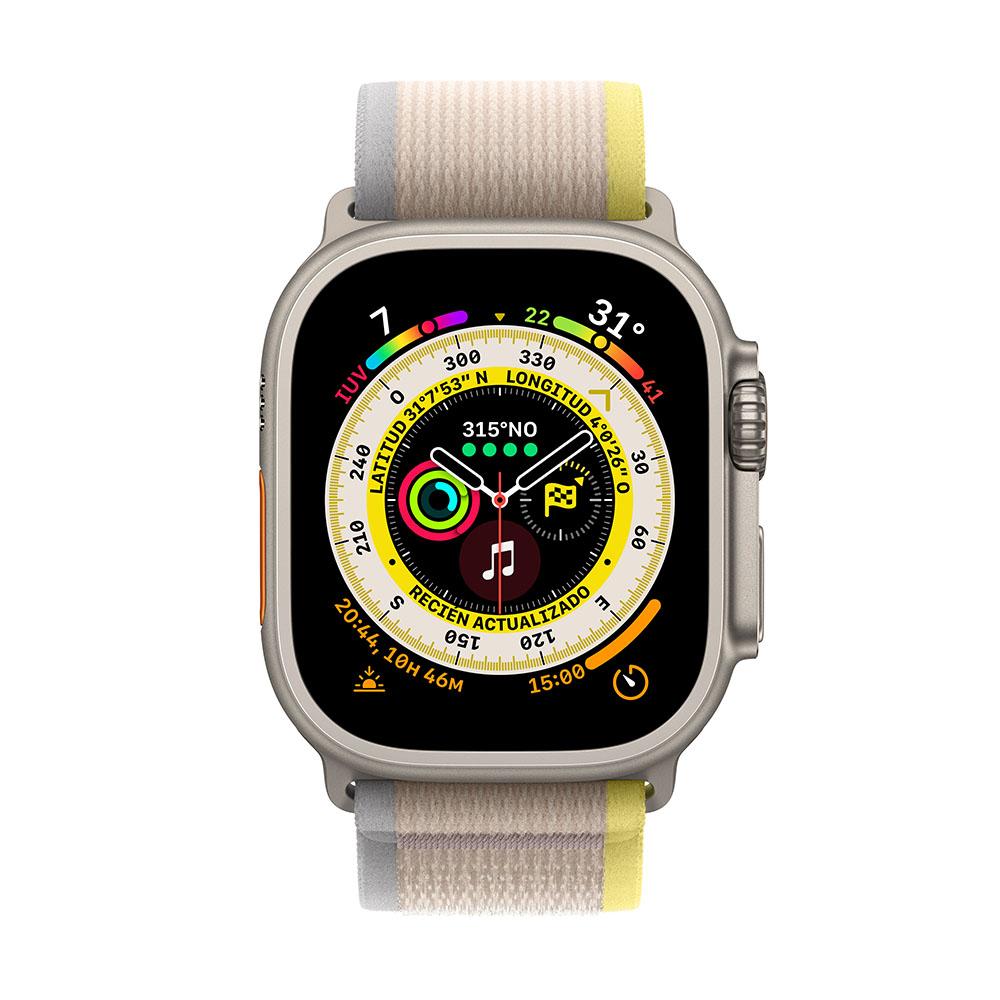 Apple Watch Ultra (GPS + Cellular) 49mm Titanium Case with Yellow/Beige Trail Loop Band (S/M Size) - Perfect for Outdoor Adventures, Fitness Tracking & Everyday Wear
