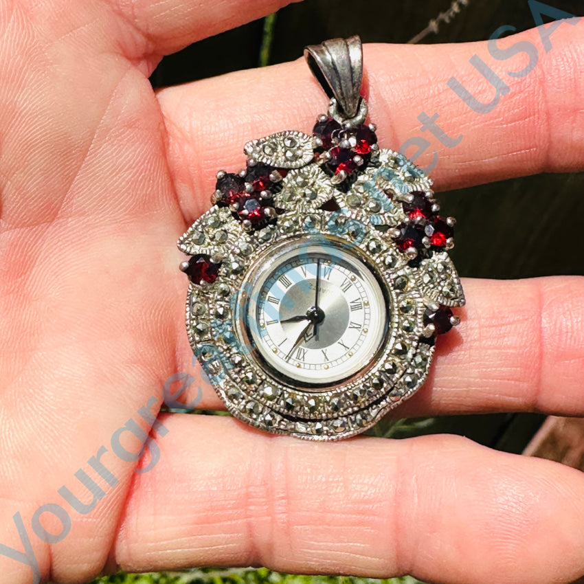 Sterling Silver Garnet & Marcasite Quartz Watch Pendant Necklace - Elegant Jewelry for Women, Gift for Her, Perfect for Parties, Weddings & Special Occasions