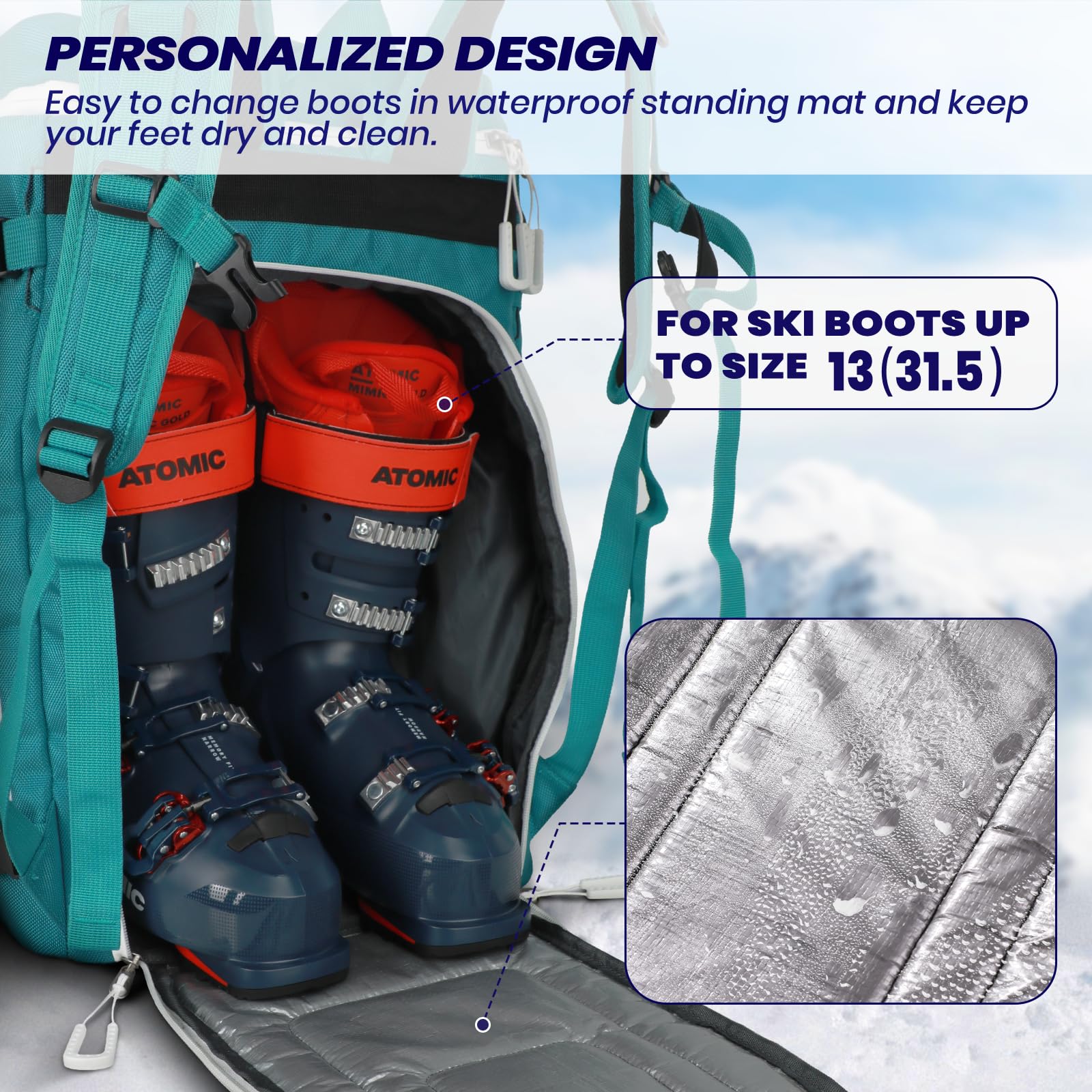 **55L Waterproof Ski Boot Backpack - 1680D Nylon Durable Travel Bag for Ski Helmet, Goggles, Gloves & Snowboard Accessories | Perfect for Ski Trips & Winter Sports Gear Storage**
