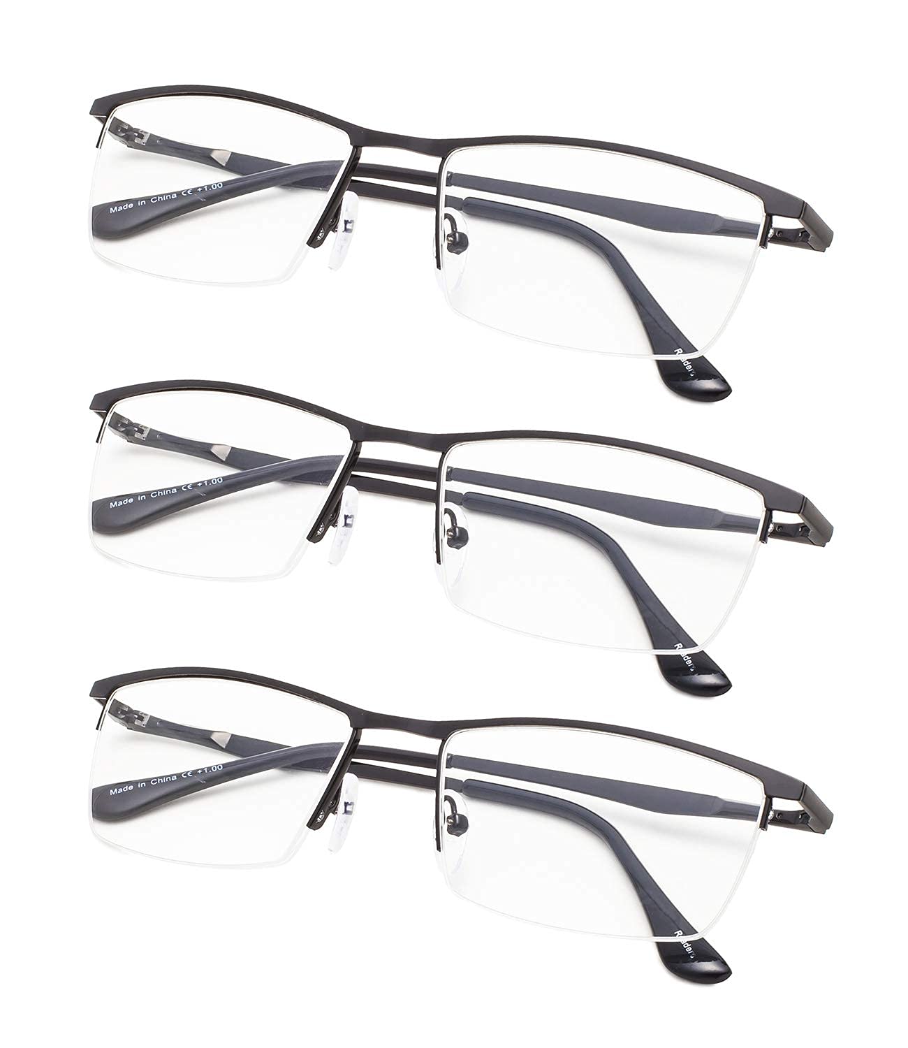 3-Pack Half-Rim Reading Glasses with Spring Hinges - Lightweight & Comfortable Black Eyewear for Reading, Working & Computer Use