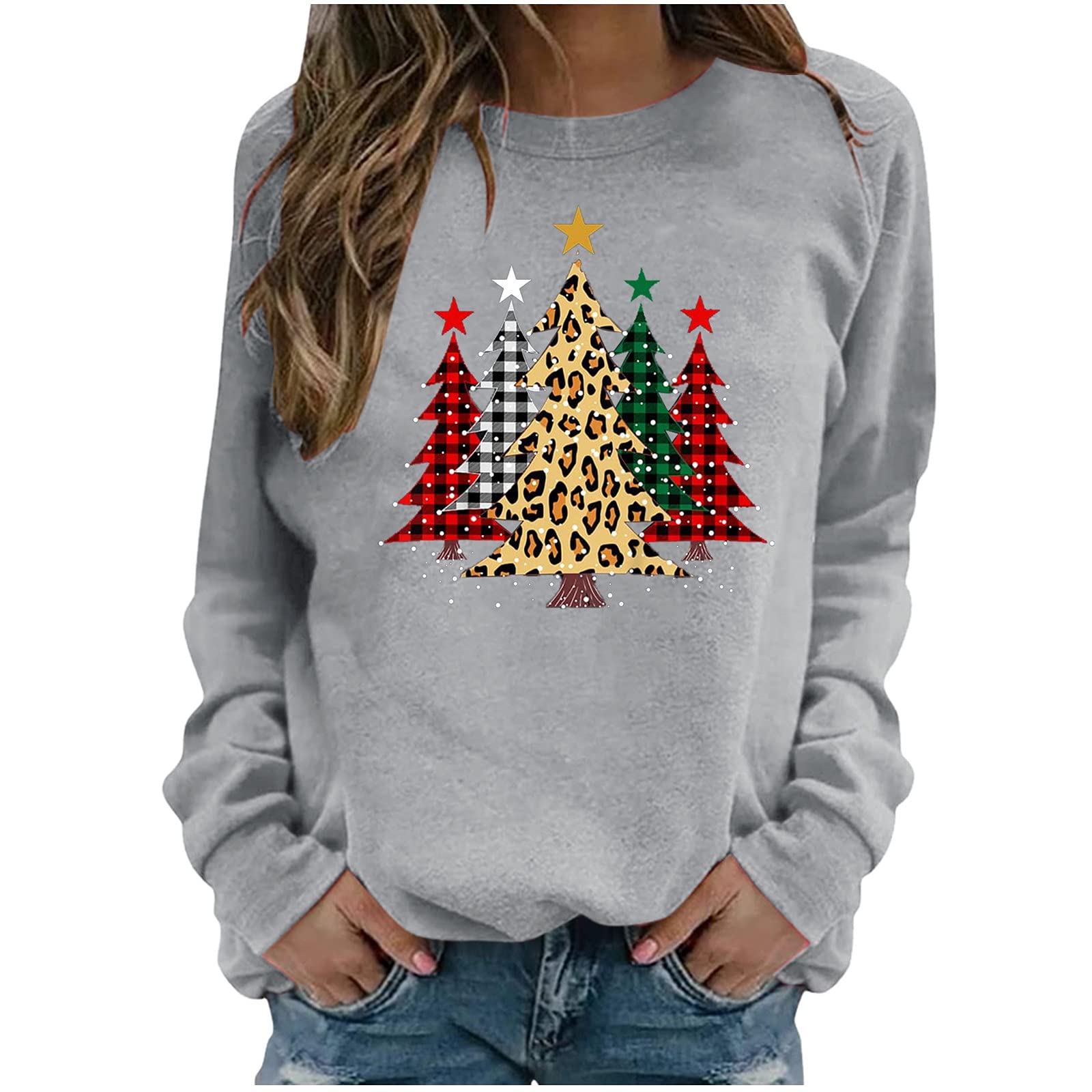 Funny Santa Claus Printed Women's Christmas Graphic Tee - Long Sleeve Crew Neck Tunic Blouse for Holiday Parties & Family Gatherings