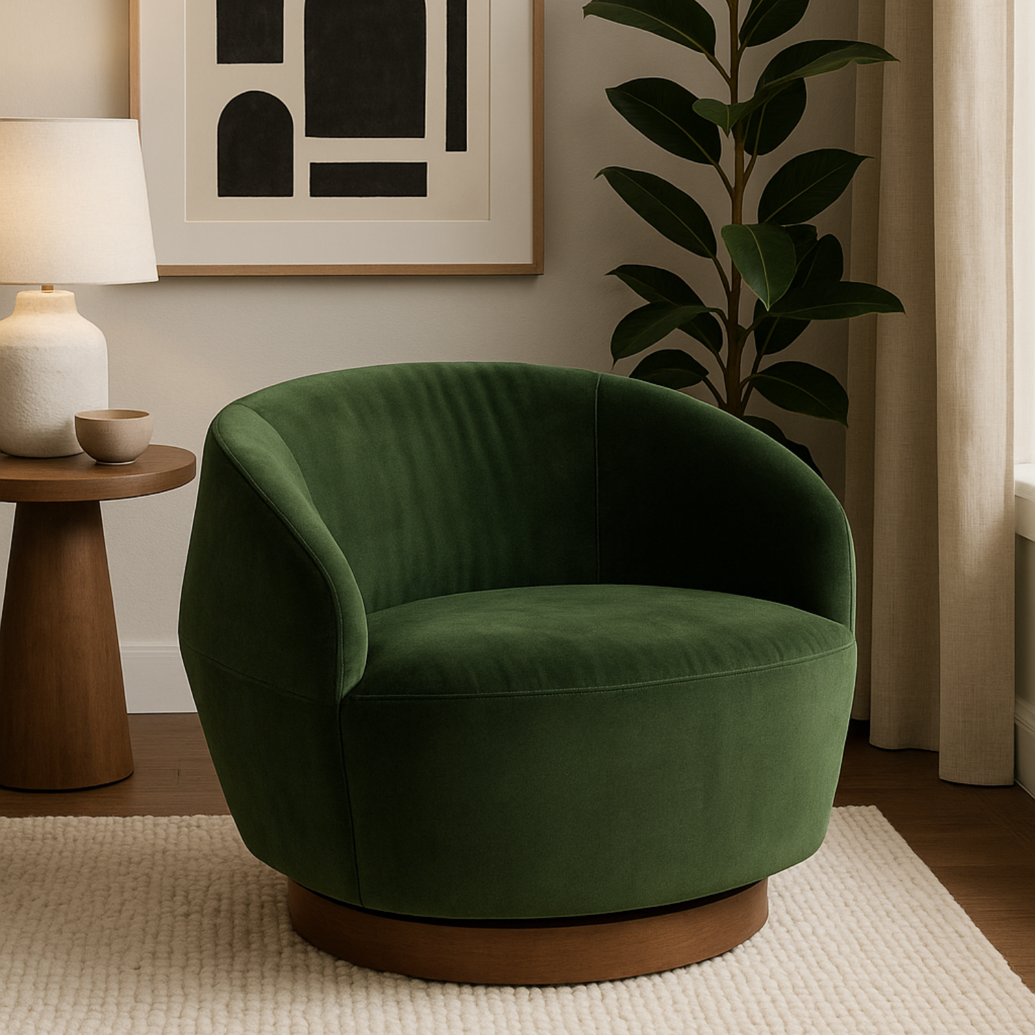 Swivel Lounge Chair - Mili Green Velvet Upholstered Modern Accent Chair for Living Room, Bedroom, or Office - 360 Degree Rotating Comfortable Seating with Ottoman Option