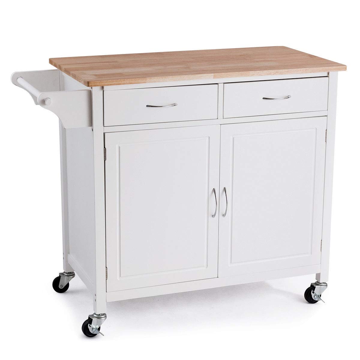 Modern White Kitchen Island Cart with Double Drawers, 2-Tier Shelf & Cabinet Door - Pine Wood Top Rolling Serving Cart for Food Prep, Storage & Towel Organization - Perfect for Small Kitchens, Dining Rooms & Buffet Serving