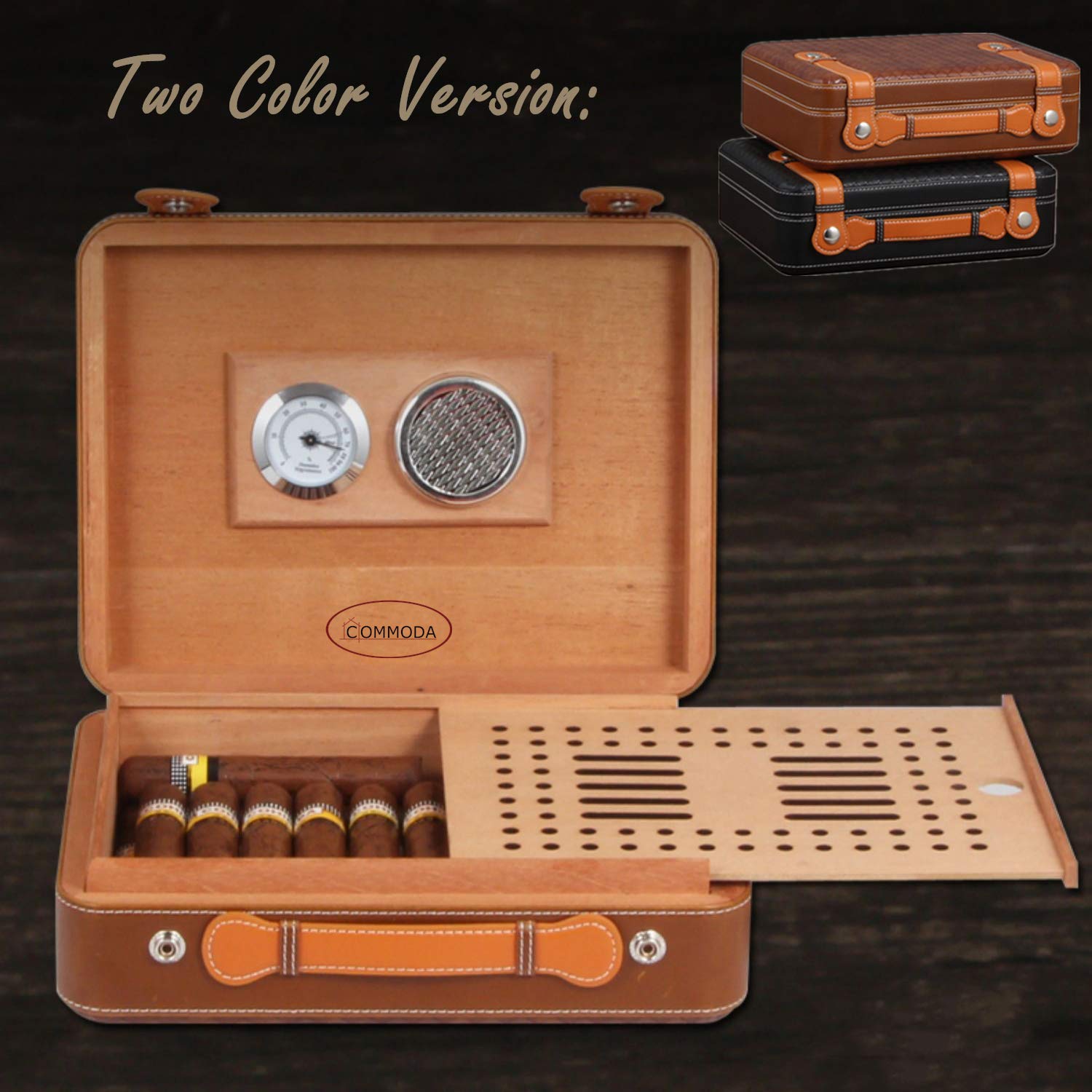 Premium Portable Genuine Leather Cigar Travel Case with Cedar Humidor - Wooden Cigar Box Set Includes Cutter Stand & Free Digital Hygrometer Thermometer - Perfect for Outdoor Travel, Gifts & Cigar Storage