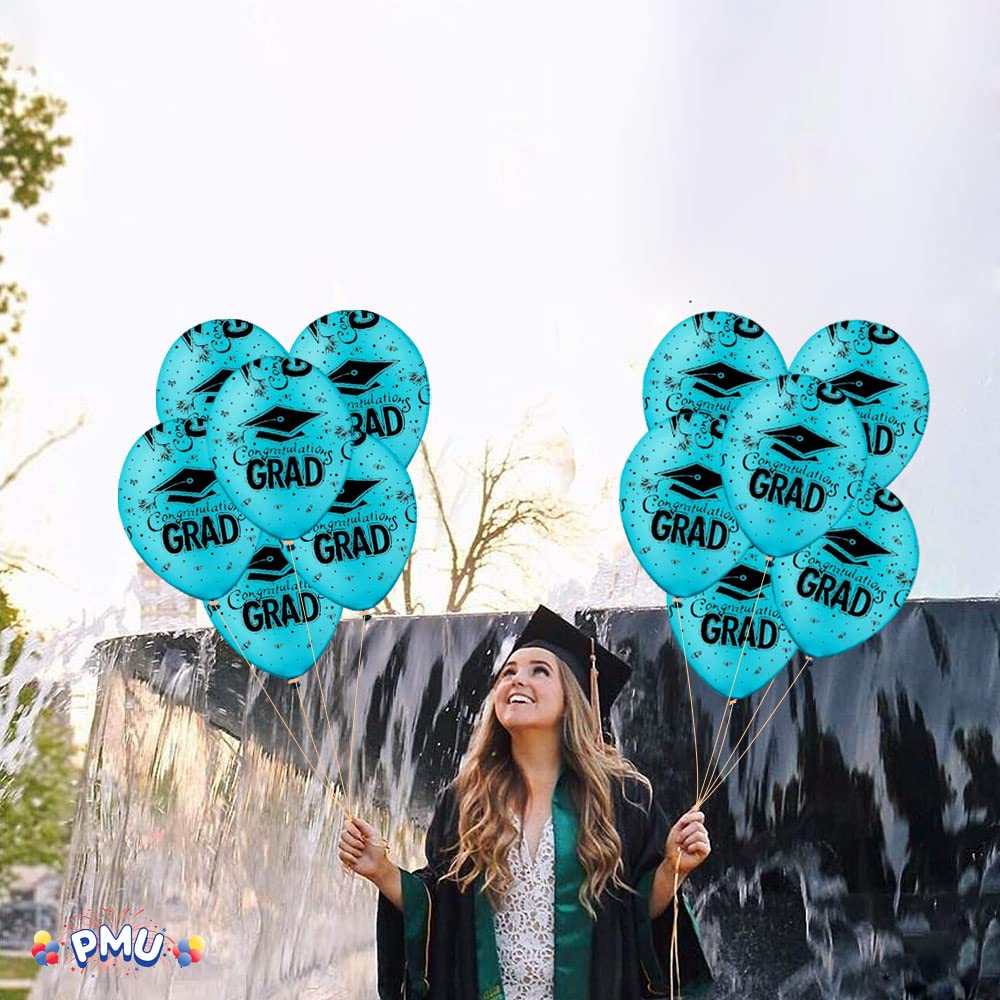 PMU Premium Turquoise Graduation Balloon with All-Over Print Black Graduation Caps - Confetti & Streamers | 100-Pack Latex Balloons for Graduation Parties | Perfect for Graduation Decorations, Photo Backdrops & School Celebration Events