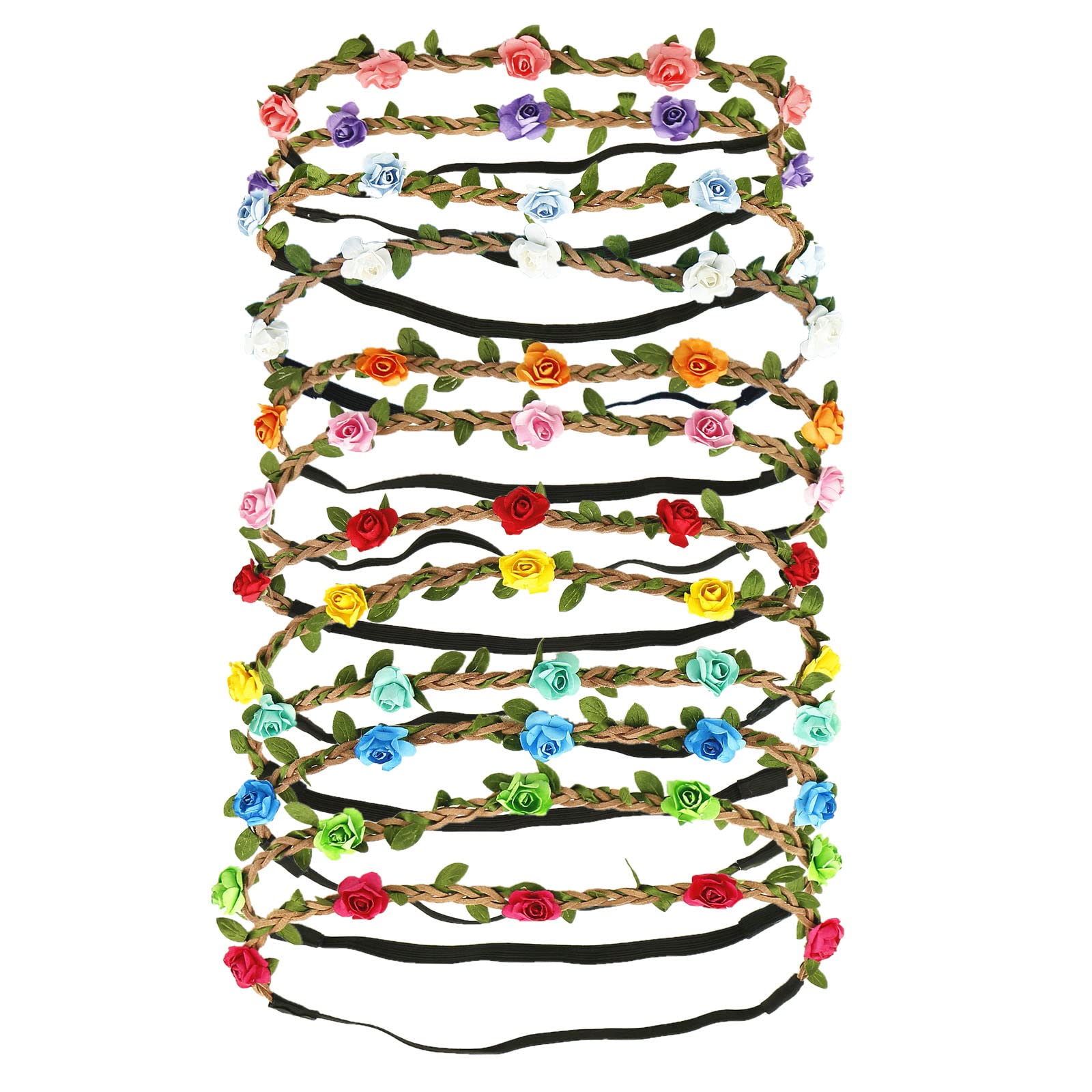 12PCS Bohemian Floral Headbands for Women & Girls - Rose Flower Crown Hair Accessories with Elastic Ribbon - Perfect for Weddings, Festivals, and Photo Shoots