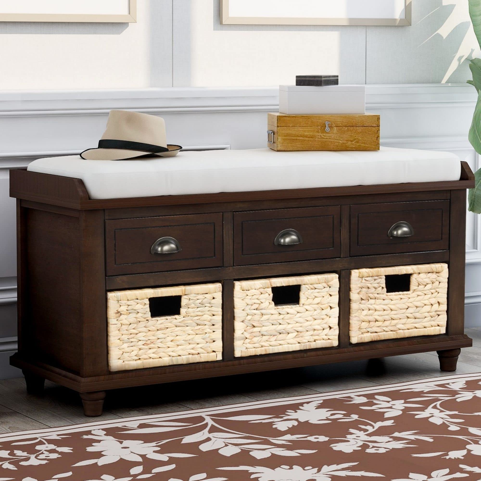 HABITRIO Wooden Storage Bench with Removable Cushion - 3 Drawers & 3 Baskets, Multi-Functional Shoe Bench for Entryway, Bedroom, Living Room, Hallway - Perfect for Organizing Shoes, Blankets & Home Decor (Espresso Finish) | Ideal for Small Spaces & Apartment Living