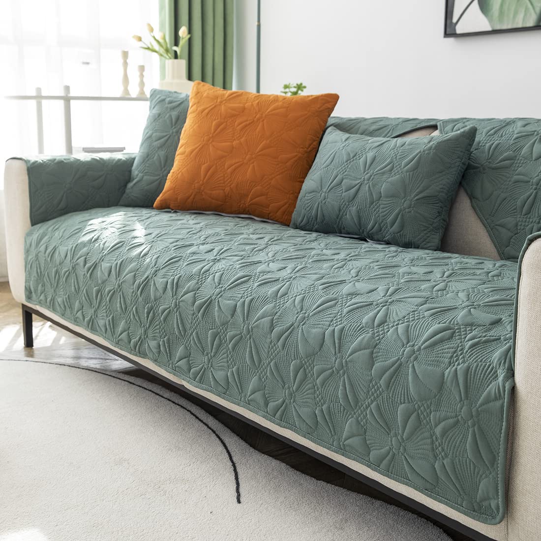 VCTOPS Quilted Cotton Sofa Cover - Non-Slip Sectional Couch Slipcover for Pets, Dogs & Cats - Fits L-Shaped, Recliner & Love Seats with Armrest/Backrest Protection - Green B, 36