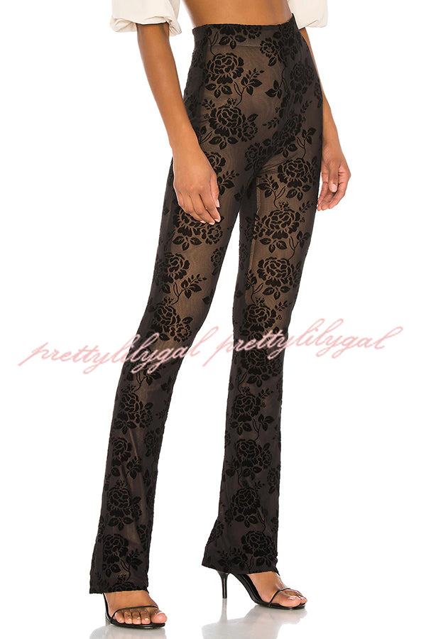 Romantic Floral Lace Stretch Flare Pants with Elastic Waist - Boho Chic Women's High Waisted Trousers for Casual Outings & Date Nights