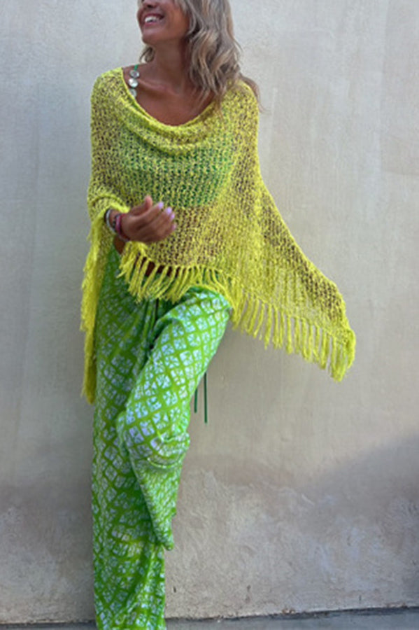 Stylish Sunset Breeze Hollow Out Tassel Knit Cover Up Top - Beachwear, Poolside, Summer Vacation Outfit