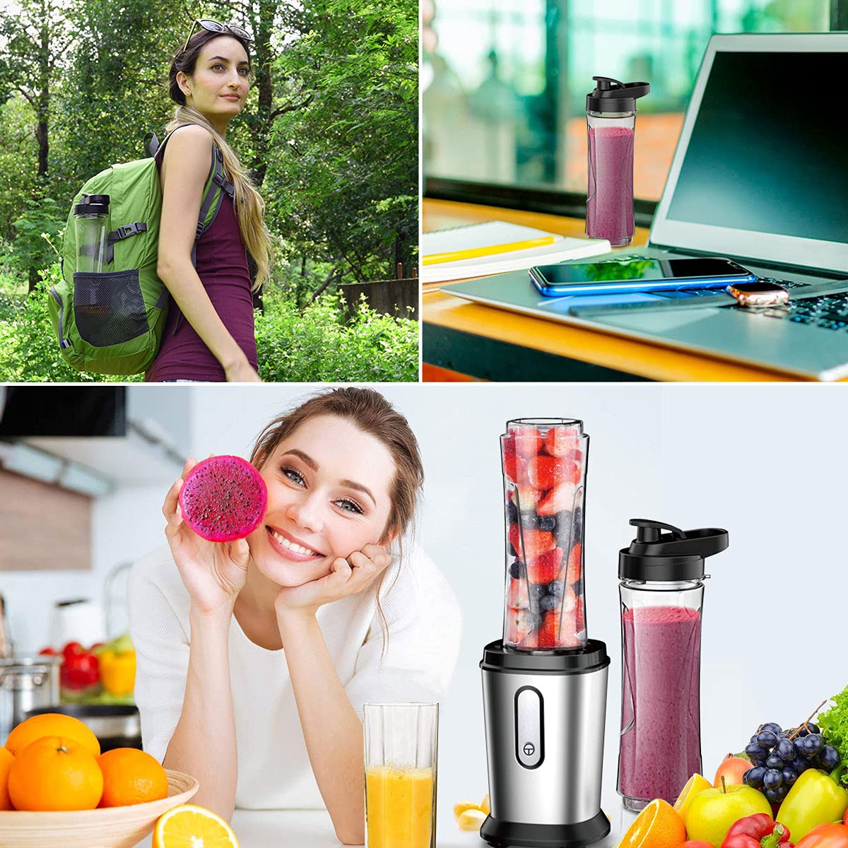Powerful Electric Smoothie Blender with 2 Portable 20oz Tritan Bottles - BPA-Free Personal Blender with 4 Stainless Steel Blades - Perfect for Shakes, Smoothies, Protein Drinks & Meal Prep - Ideal for Home, Office & Gym Use