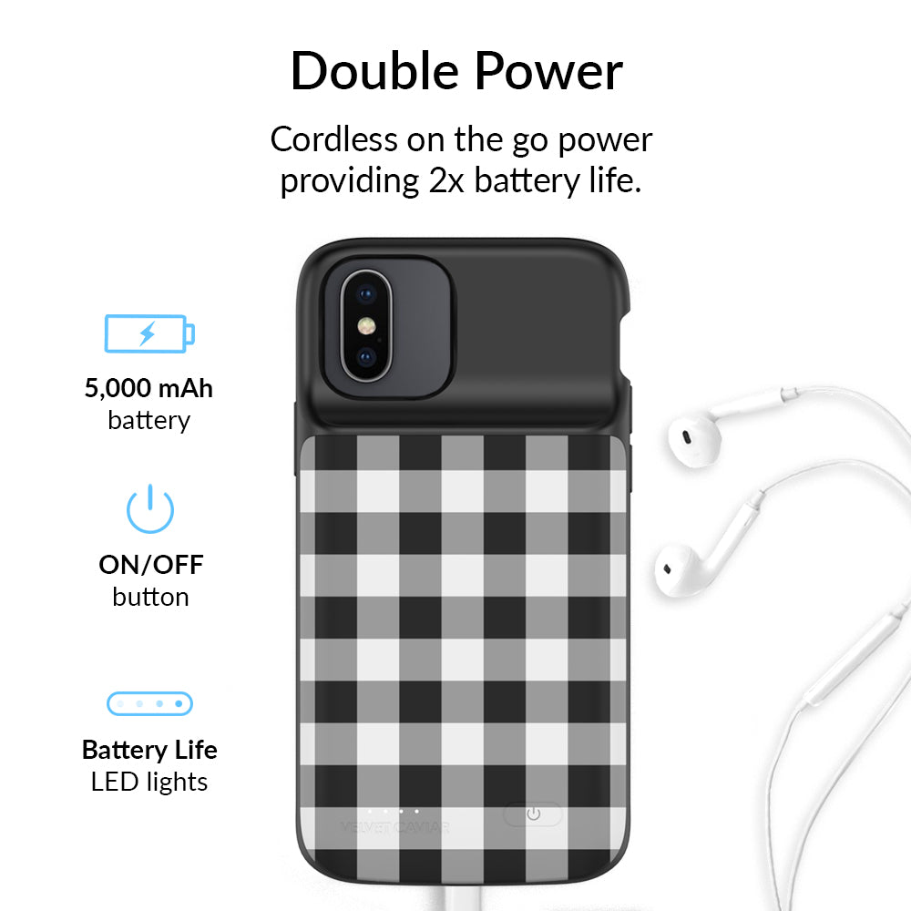 Black Gingham Pattern iPhone Charging Case - Slim Protective Phone Cover with Built-in Battery for iPhone 13/14/15 Pro Max - Perfect for Travel, Work & Everyday Use