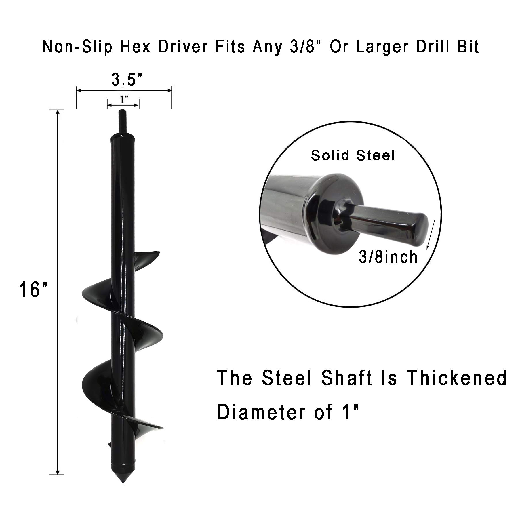 3.5x16 Inch Auger Drill Bit for Gardening - Spiral Earth Drill for Planting Flower Bulbs, Bedding & Post Holes - Fits 3/8” Hex Drive Drill - Perfect for Landscaping, Gardening & DIY Projects