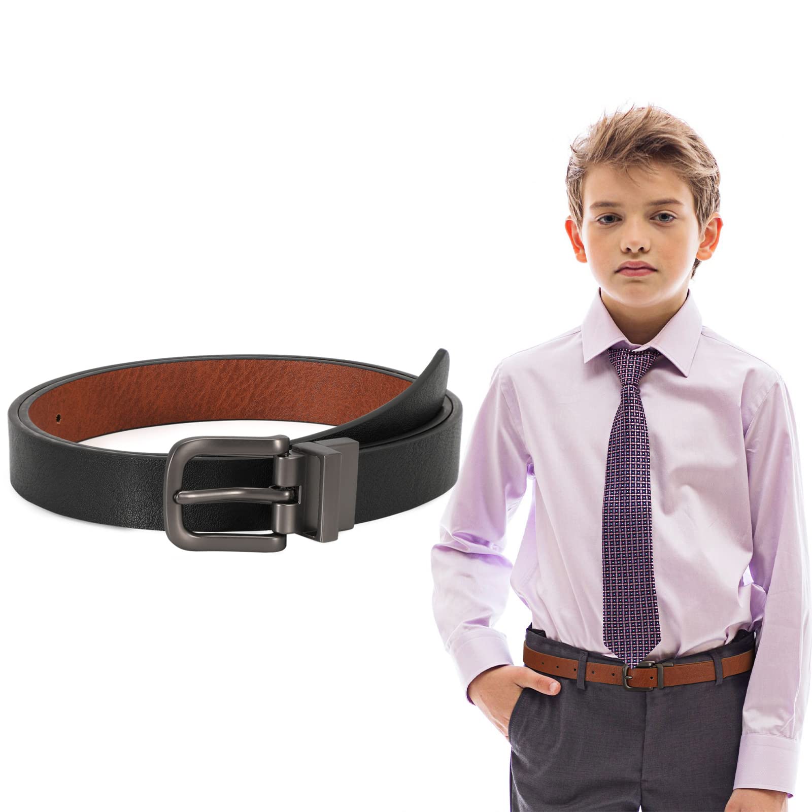 SUOSDEY Boys Reversible Leather Belt - Adjustable Kids Belt for School Uniforms & Jeans | Classic Casual Back to School Accessory for Children | Perfect for Daily Wear & Special Occasions