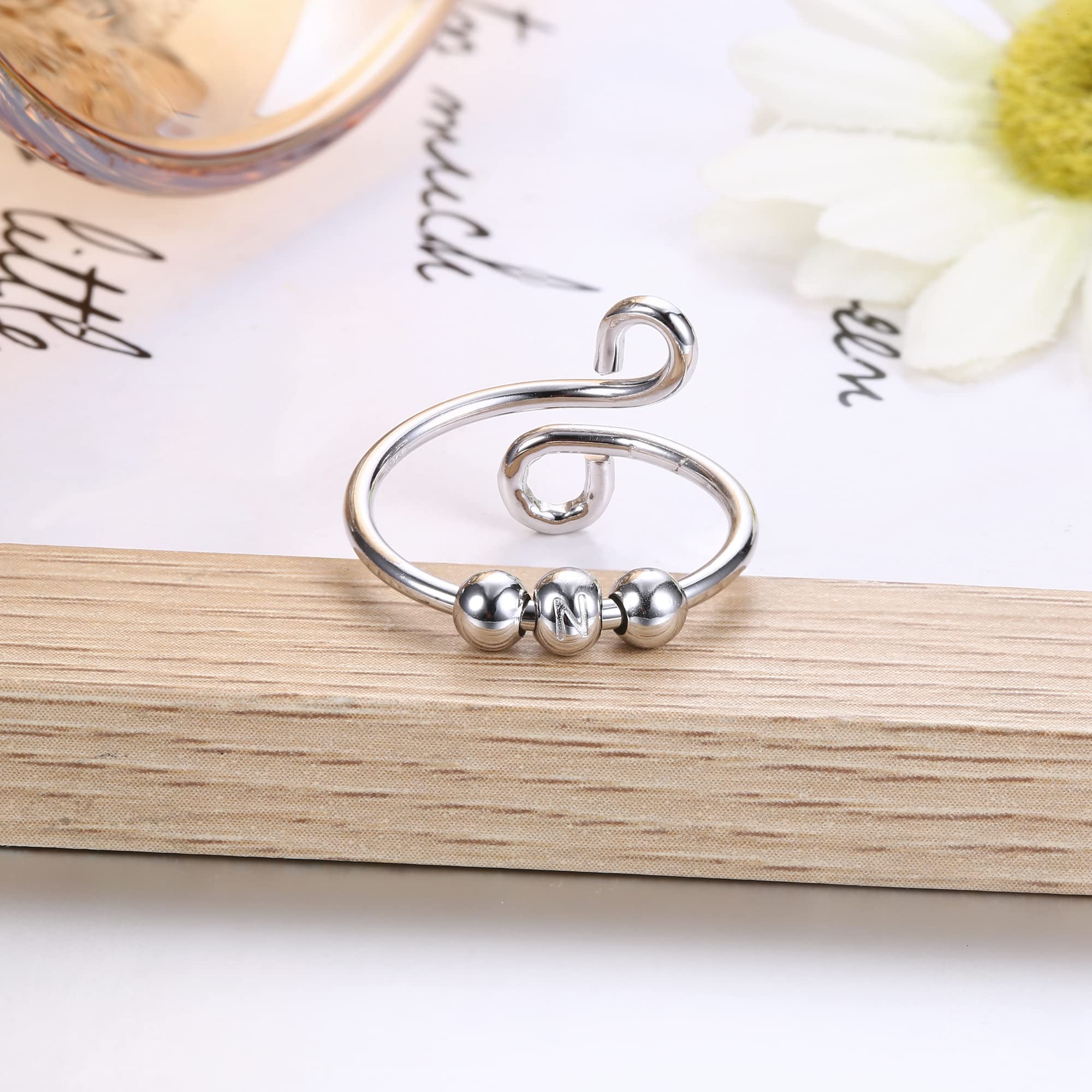 925 Sterling Silver Initial Fidget Anxiety Ring for Women - Adjustable Spinner Ring with A-Z Letter Options, Stress Relief Jewelry for Anxiety, Stackable Promise Rings - Perfect for Office, Travel & Daily Wear