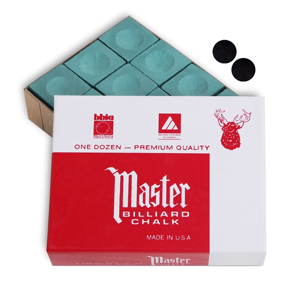 Premium Billiard Chalk for Pool Cues - 1 Dozen High-Quality Master Chalk (Made in USA) + 2 Spruce Pool Table Spots - Perfect for Professional Play & Home Game Rooms