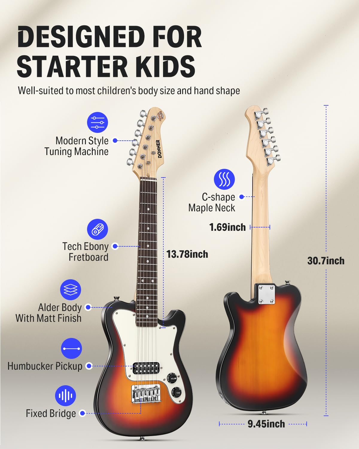 Donner 30 Inch Kids Electric Guitar Beginner Kit - Mini TL Style Electric Guitar with Amp, 600D Gig Bag, Tuner, Picks, Cable, Strap & Extra Strings (DTJ-100S Sunburst) - Perfect for Kids Learning, Practice & Home Performances