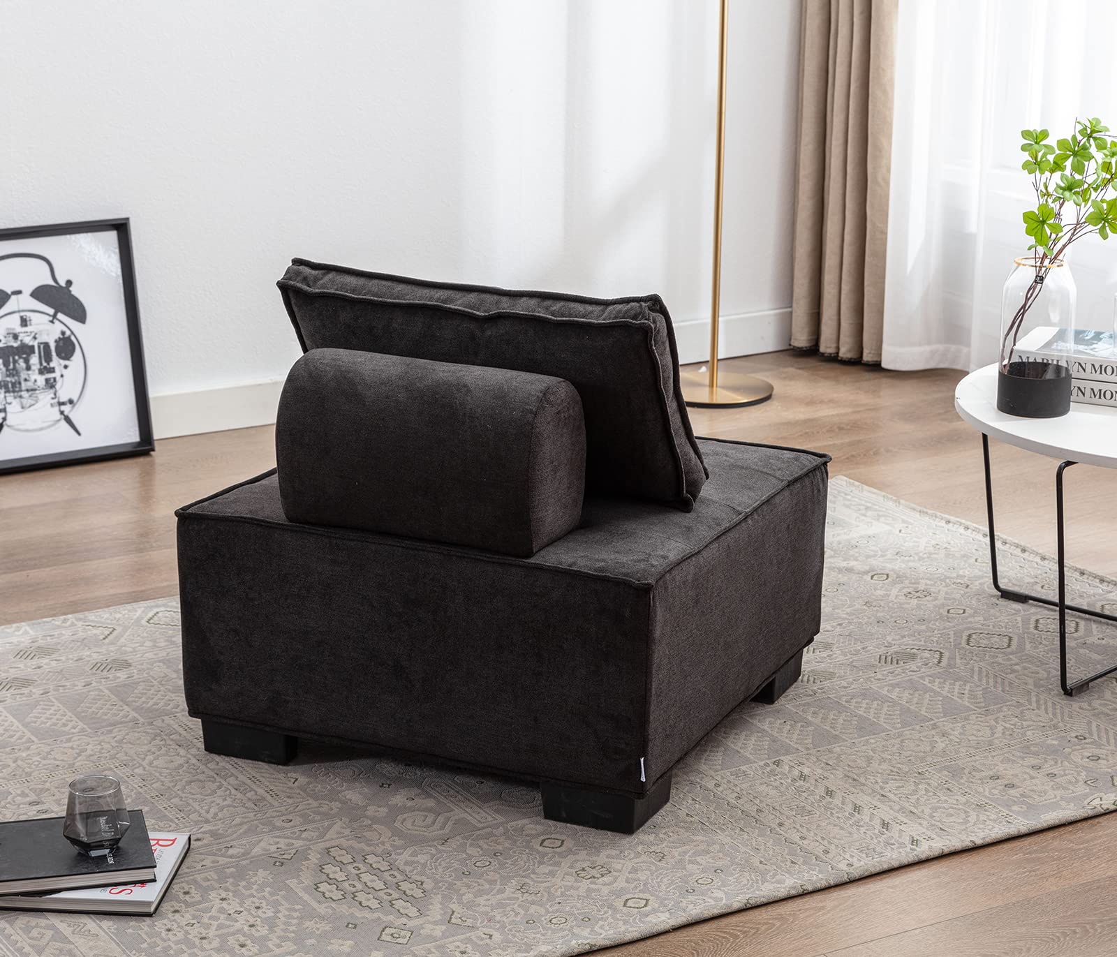 KINFFICT Modern Upholstered Armless Accent Chair - Sturdy Solid Structure Living Room Sofa with Comfy Ottoman for Relaxing, Reading & TV Watching - Perfect for Small Spaces, Apartments & Home Offices (Black)