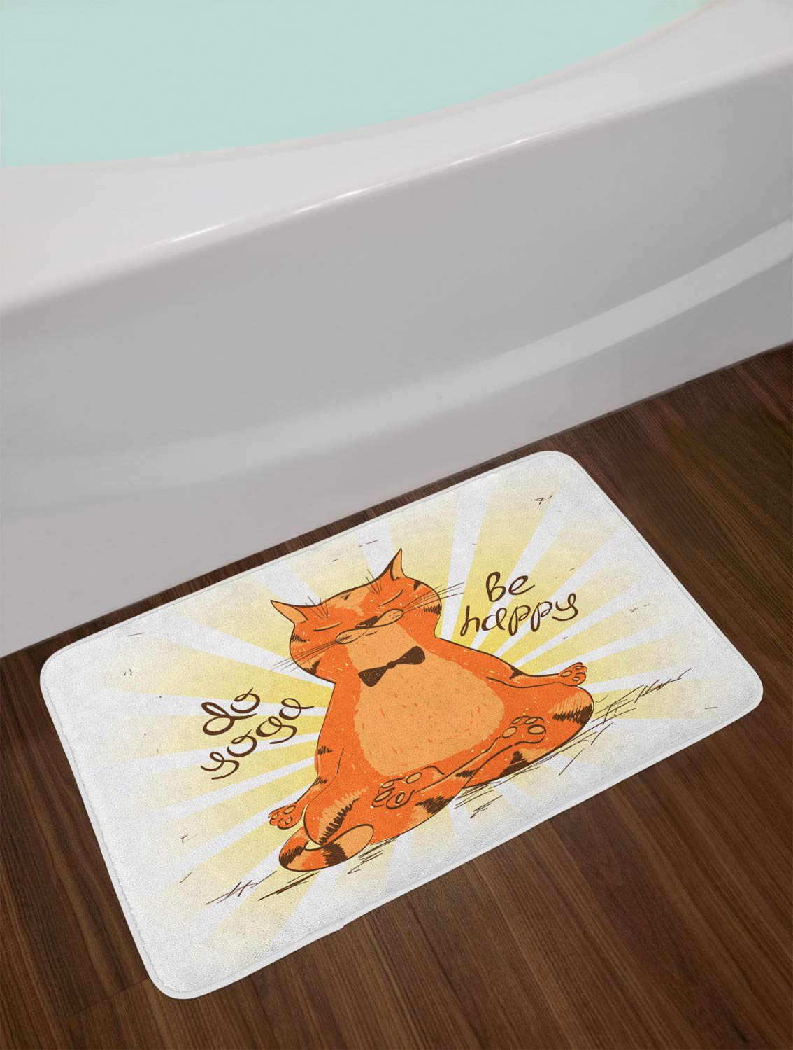 Lunarable Non-Slip Plush Cat Bath Mat - Starburst Stripes Yoga Cat Design with 'Be Happy' Quote, 30.2 x 20 Inches, Orange & Yellow - Soft Bathroom Rug for Yoga Lovers & Cat Owners