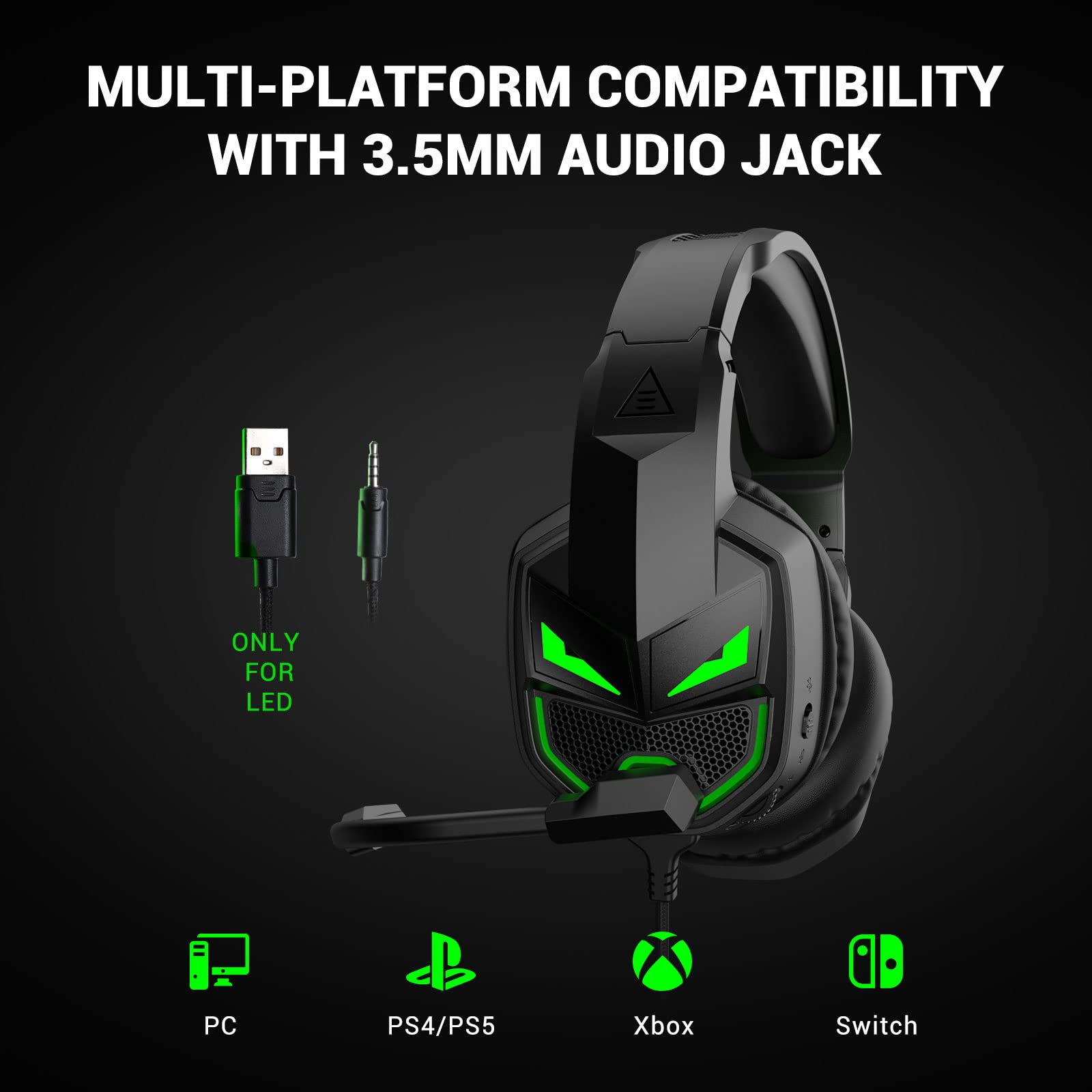 EKSA Wired Gaming Headset with Noise Cancelling Microphone for PS4, PS5, Xbox One, PC, Laptop & Switch - 3.5mm Audio Jack, 50mm Stereo Drivers, LED Light (Black) - Perfect for Online Gaming, Streaming & Virtual Meetings