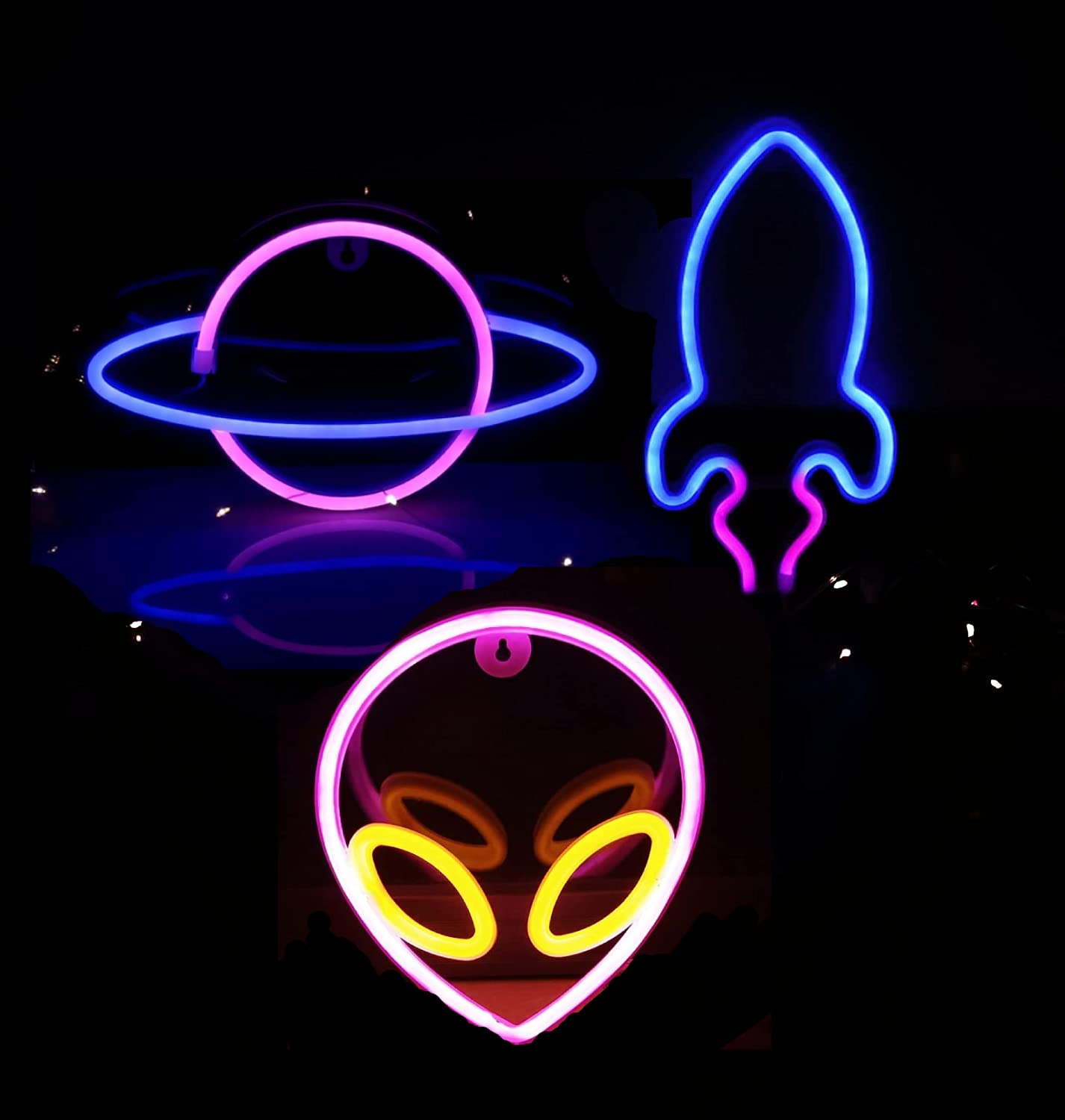 3Pcs LED Neon Signs - Rocket Planet Alien Wall Lights for Bedroom Party Decor