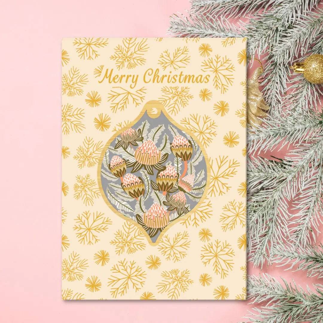 Bush Proteas Australian Christmas Card & Ornament Set - Perfect for Holiday Greetings and Festive Tree Decorations