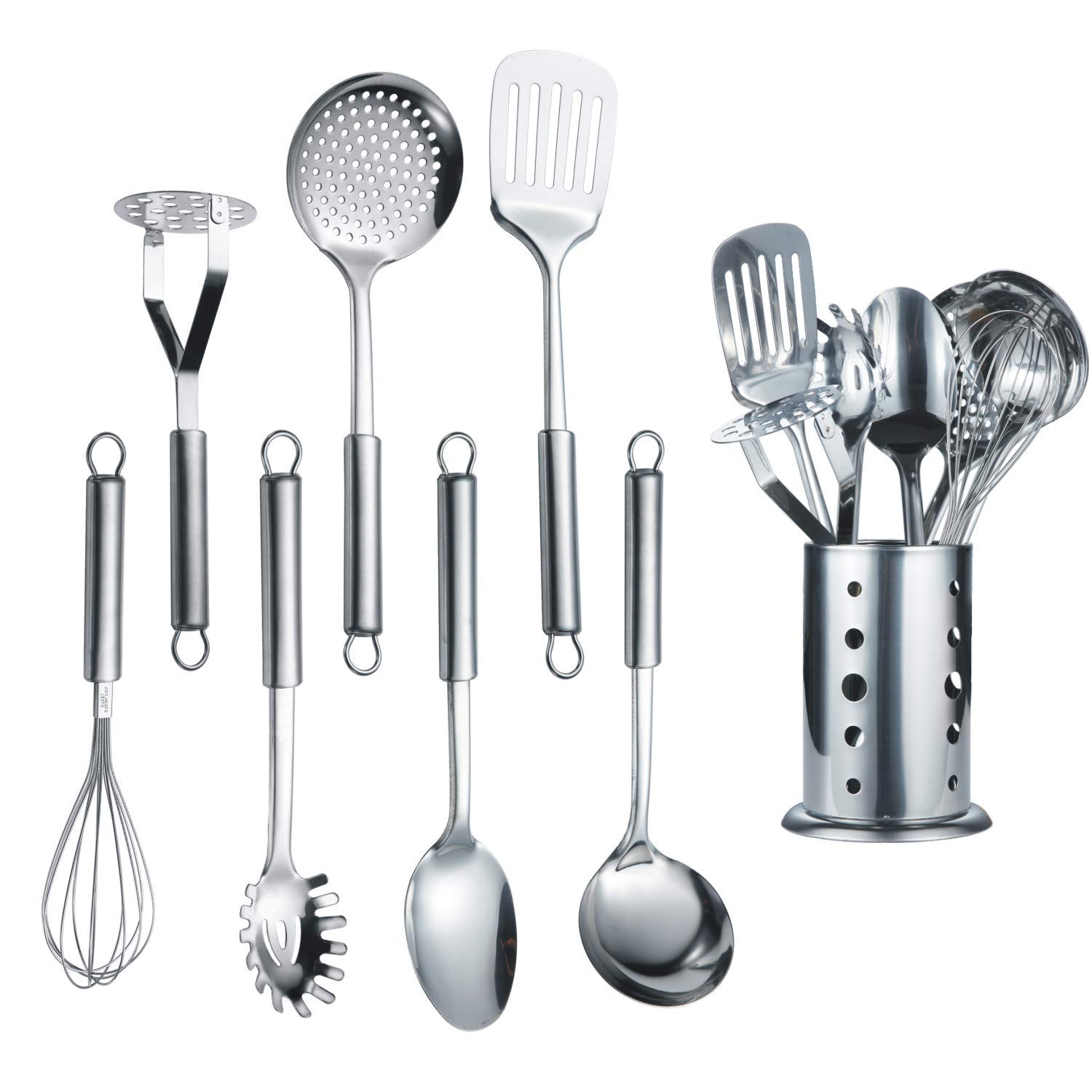 Premium 8-Piece Stainless Steel Kitchen Utensil Set with Stand - Includes Slotted Turner, Ladle, Skimmer, Serving Spoon, Pasta Server, Potato Masher & Egg Whisk - Perfect for Cooking, Baking & Serving Dishes
