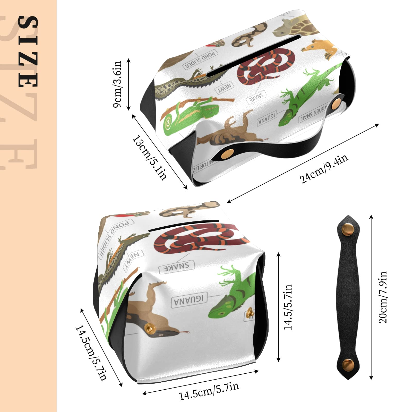 Premium Leather Tissue Box Cover for Reptile Lovers - Green & Brown Square Design with Handle for Frog, Iguana, Lizard, Snake, Newt & Turtle Enthusiasts - Perfect for Bathroom, Home, Nightstand, Vanity, Office Desk & Car (5.7x5.7x5.7 Inches) - Ideal Gift for Pet Owners & Reptile-Themed Decor