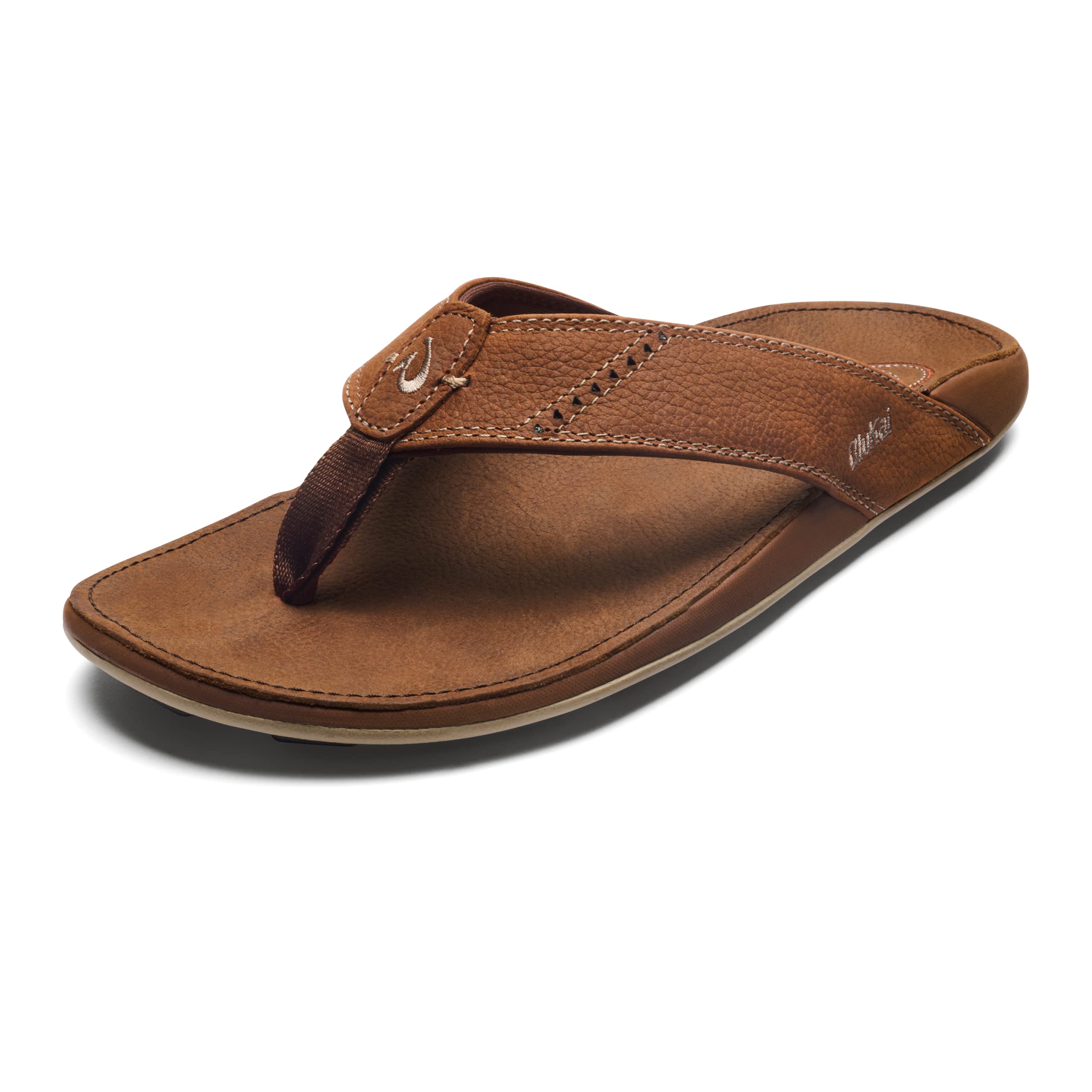 OLUKAI Nui Men's Beach Sandals - Premium Full Grain Leather Flip Flops with Compression Molded Footbed for Ultra Soft Comfort | Perfect for Beach, Poolside, Vacation & Casual Wear