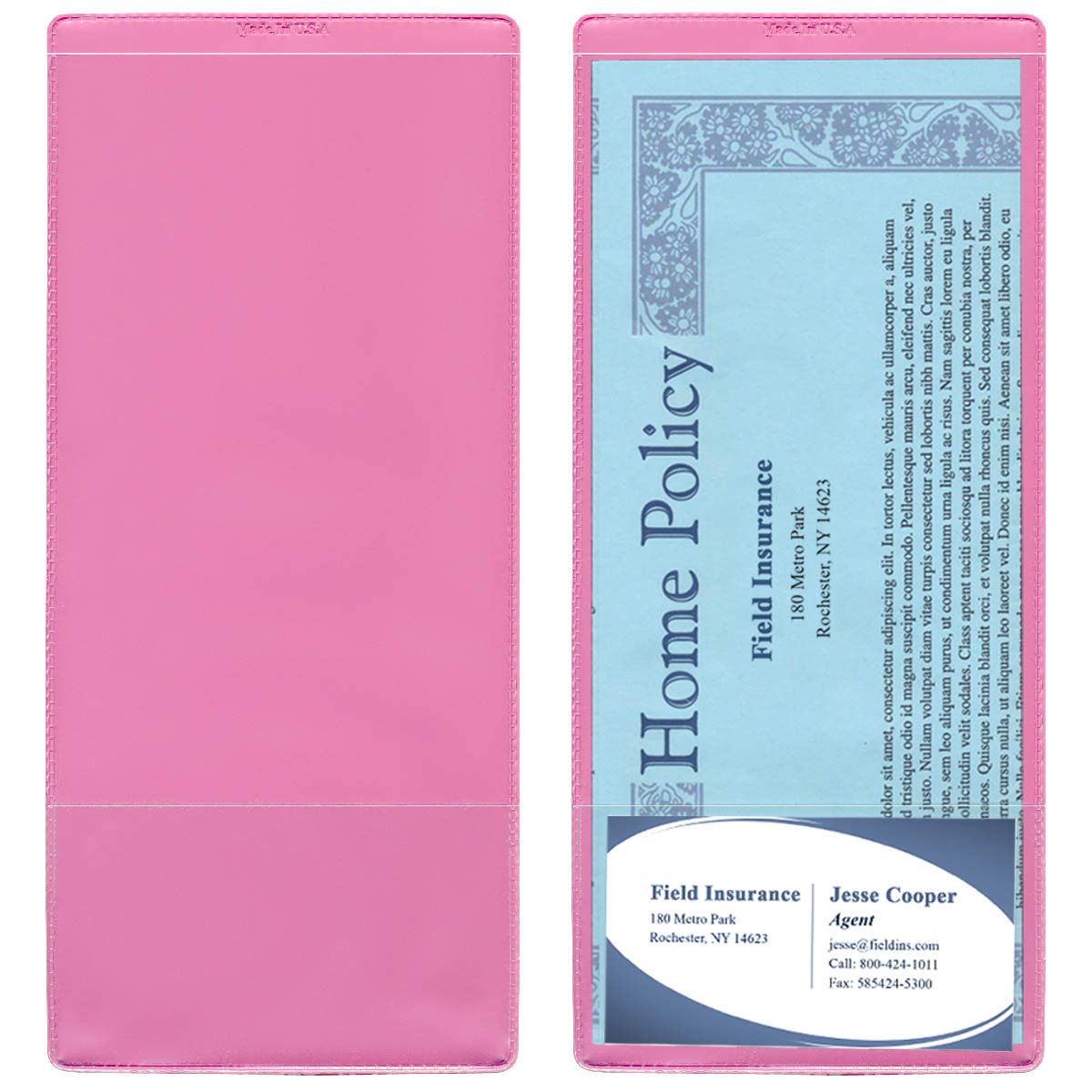 StoreSMART - 100 Pack Pink Plastic Policy Holders with Business Card Pocket - Letter Size Document Organizers for Office, Home, or School - INS30-PK-100