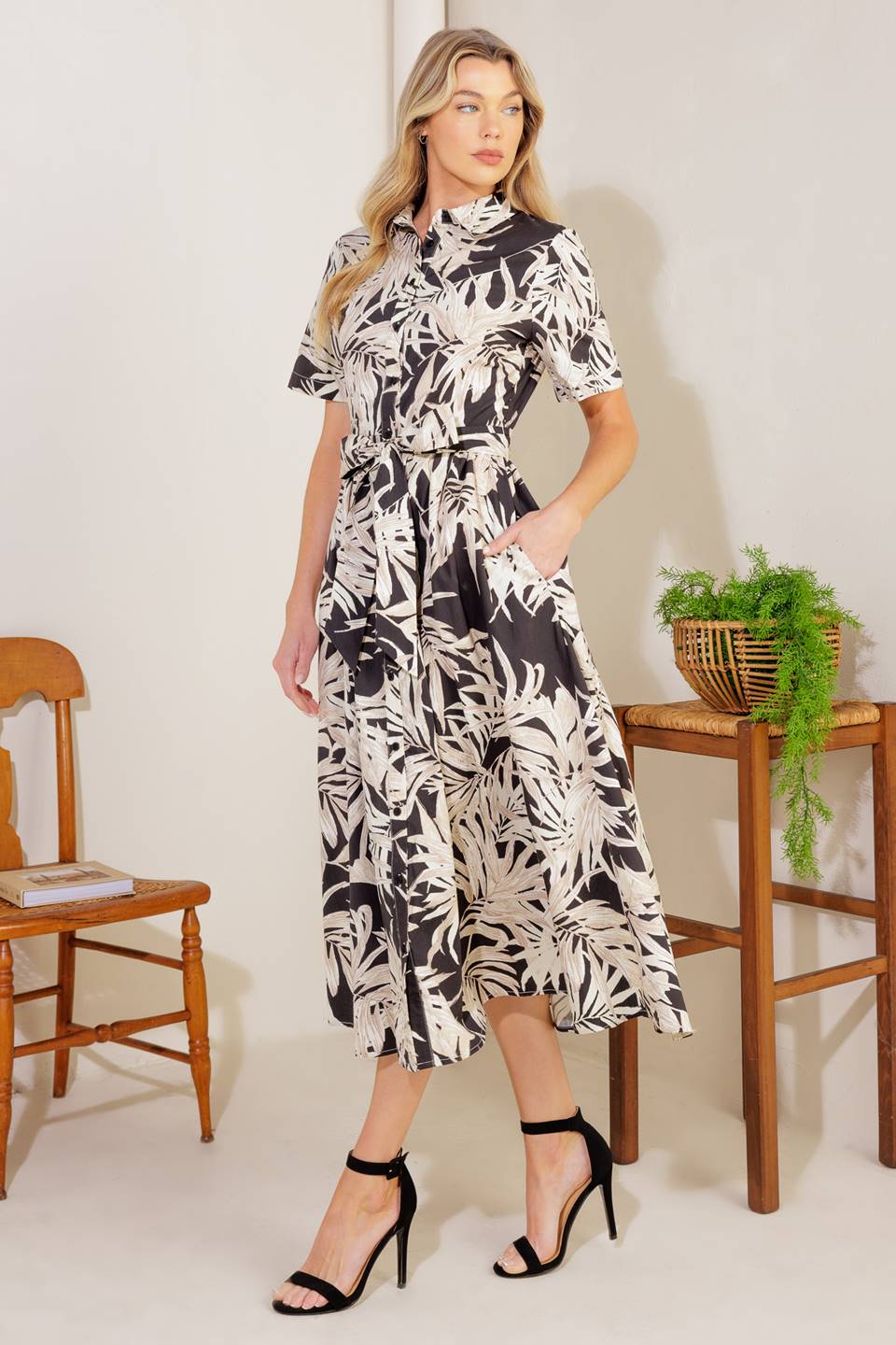 CARTER MIDI SHIRT DRESS - Black & Off White Leaf Print Floral Wrap Dress for Women | Casual Office Wear & Spring Summer Outfits