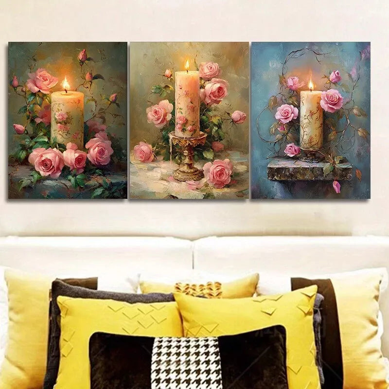 3-Piece Pink Roses & Candle Wall Art Set - Framed Canvas 40x60cm - High Quality Print - 100% Australian Made - Ready to Hang - Perfect for Living Room, Bedroom & Home Decor