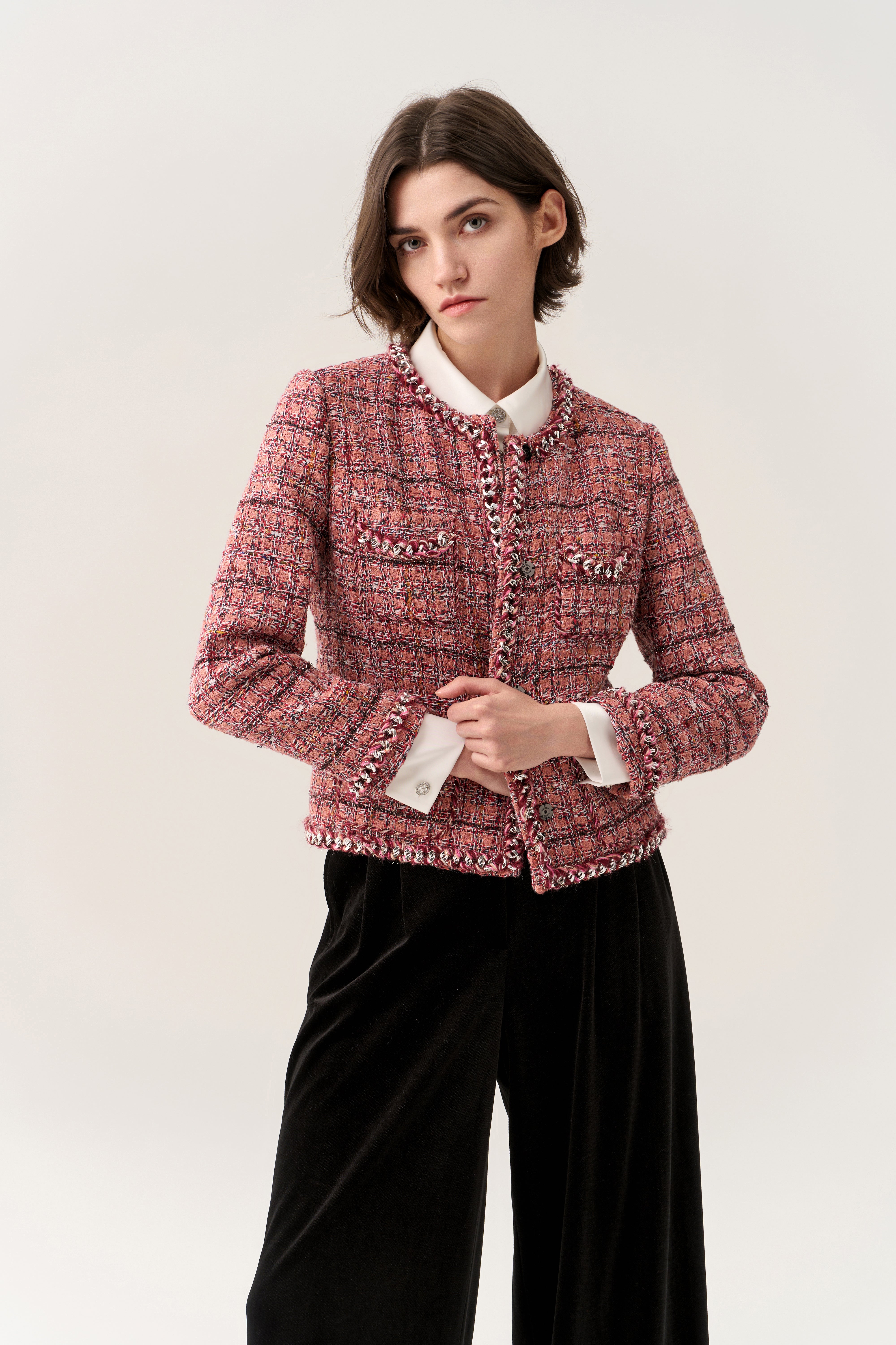Stylish Checked Braid Trim Patch Pocket Tweed Jacket for Women - Perfect for Office Wear, Fall Outfits & Casual Chic Looks
