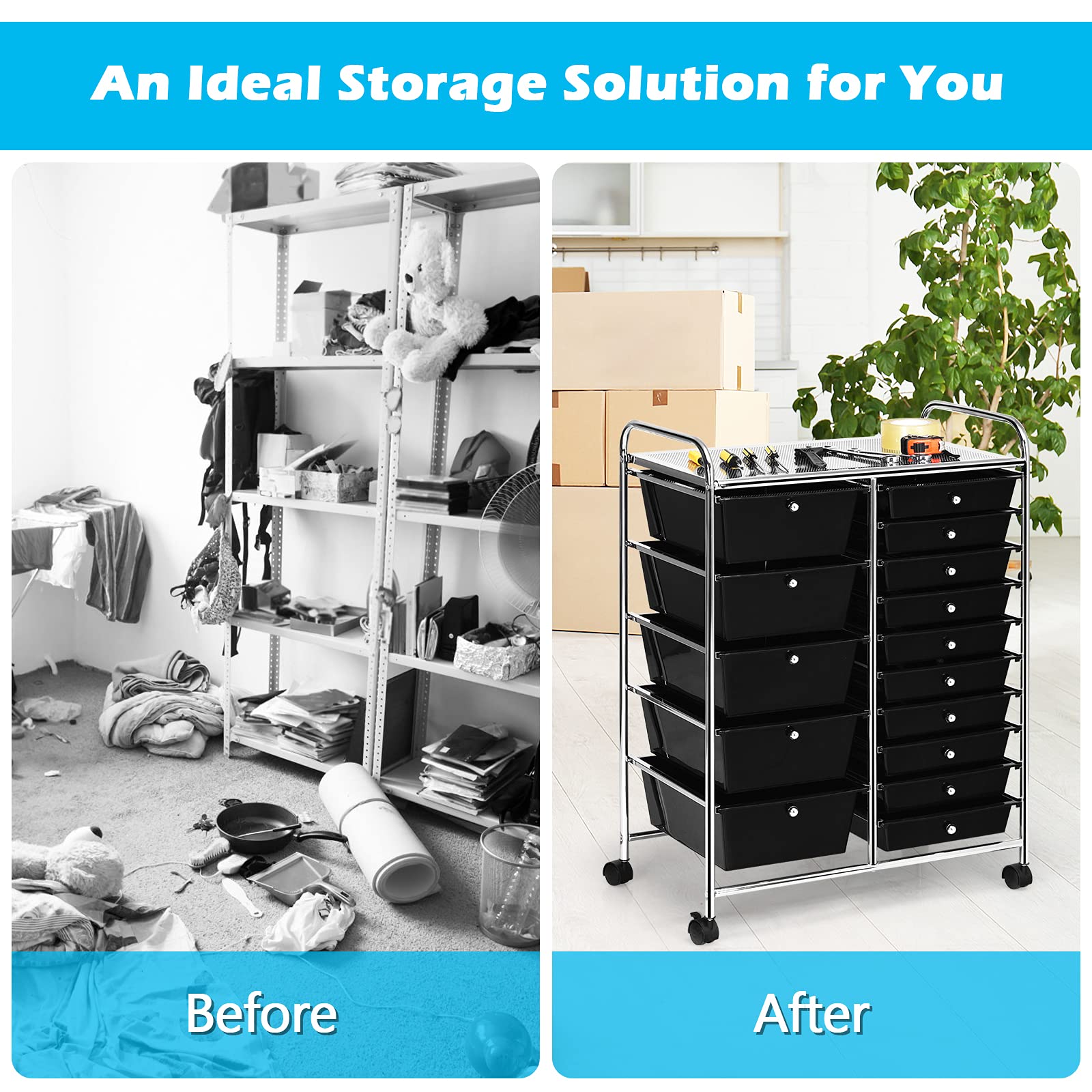 15-Tier Rolling Storage Cart with 4 Wheels - Moccha Drawer Organizer for Cosmetics, Office Supplies & Files - Perfect for Home, Studio & Office Organization - Black Storage Solution for Small Spaces