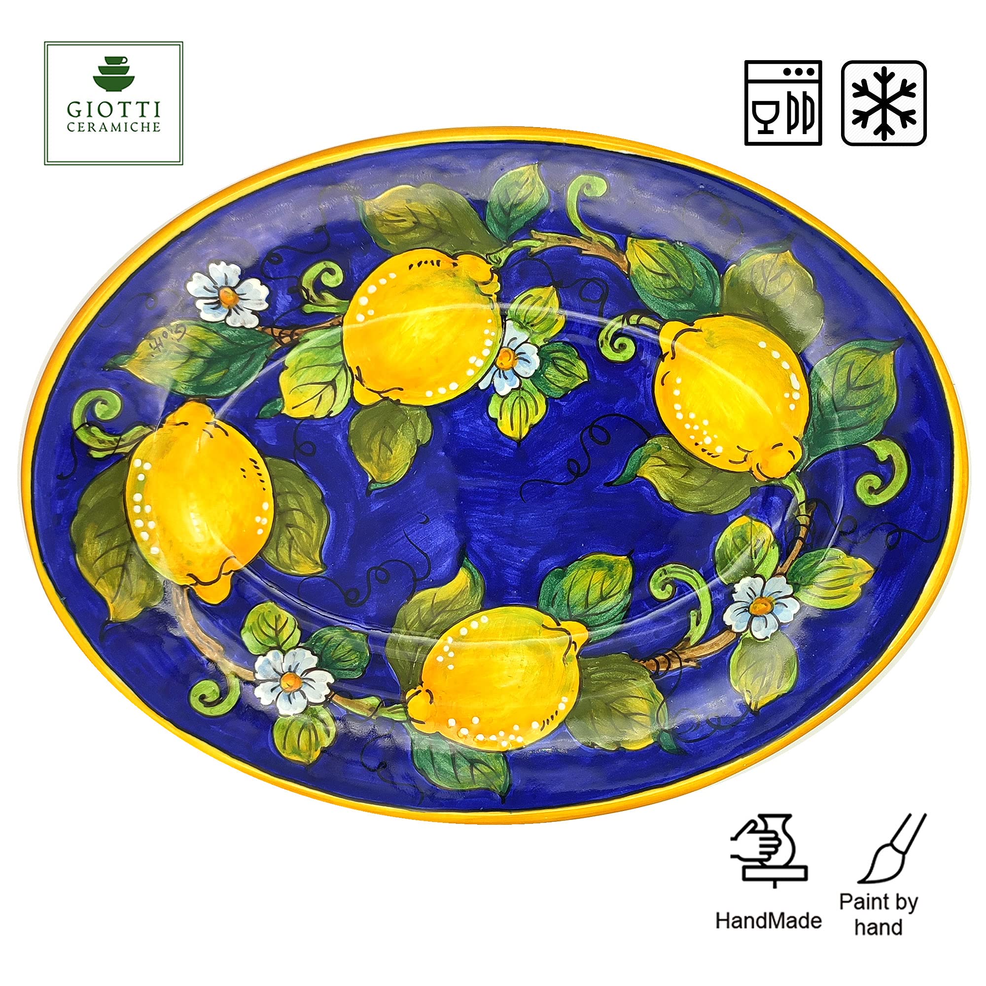 Italian Hand-Painted Large Oval Ceramic Tray - Tuscan Style Kitchen Serving Platter for Meat, Salad & Appetizers - Blue Lemon Design Dinnerware - Authentic Made in Italy Pottery for Dining & Entertaining