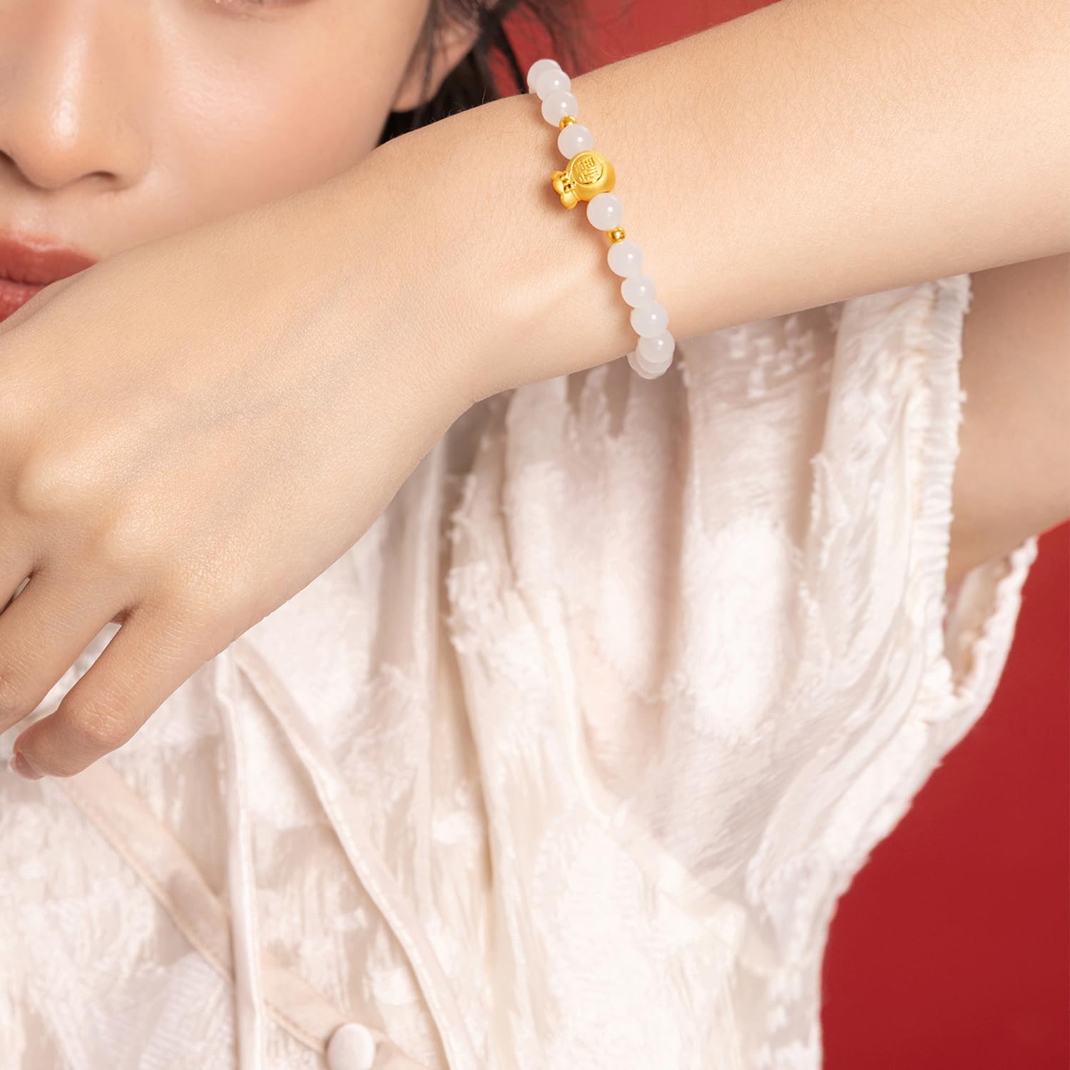 24K Solid Gold Bracelet for Women & Men - Real Pure Gold Jewelry with Fortune Bag Gourd Charm & White Jade Beads - Elegant Unisex Gift for Teen Girls, Birthday, Anniversary - Perfect for Daily Wear, Special Occasions & Wealth Attraction
