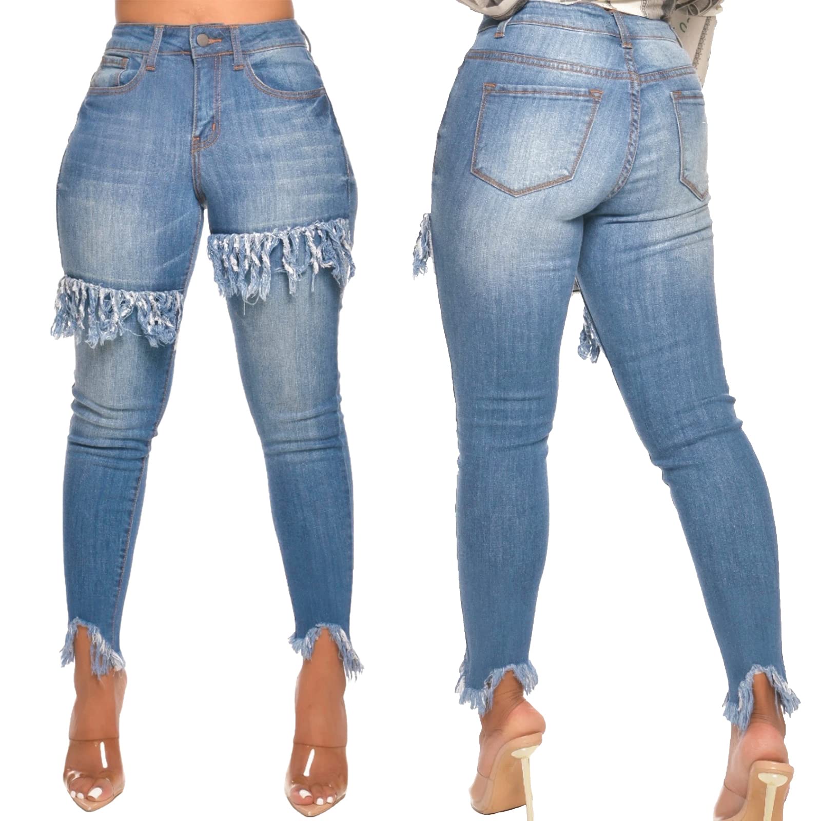FairBeauty Women's Skinny Stretch Jeans - Frayed Raw Hem, Slim Fit Ripped Denim Pants for Casual Wear & Night Out | Trendy Distressed Jeans for Everyday Style