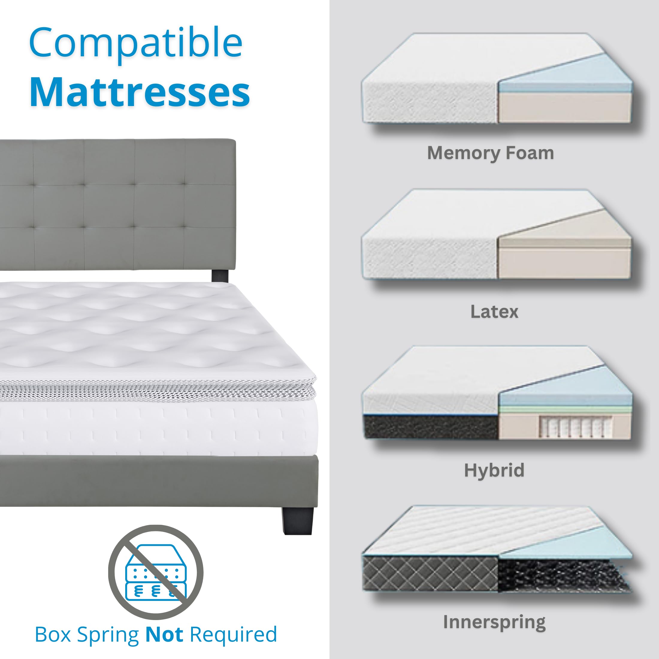 Boyd Sleep Roma Gray Vegan Leather Queen Size Platform Bed Frame with Adjustable Headboard - No Box Spring Needed, Easy Assembly, Quiet & Sturdy Mattress Support for Modern Bedroom, Guest Room or Apartment