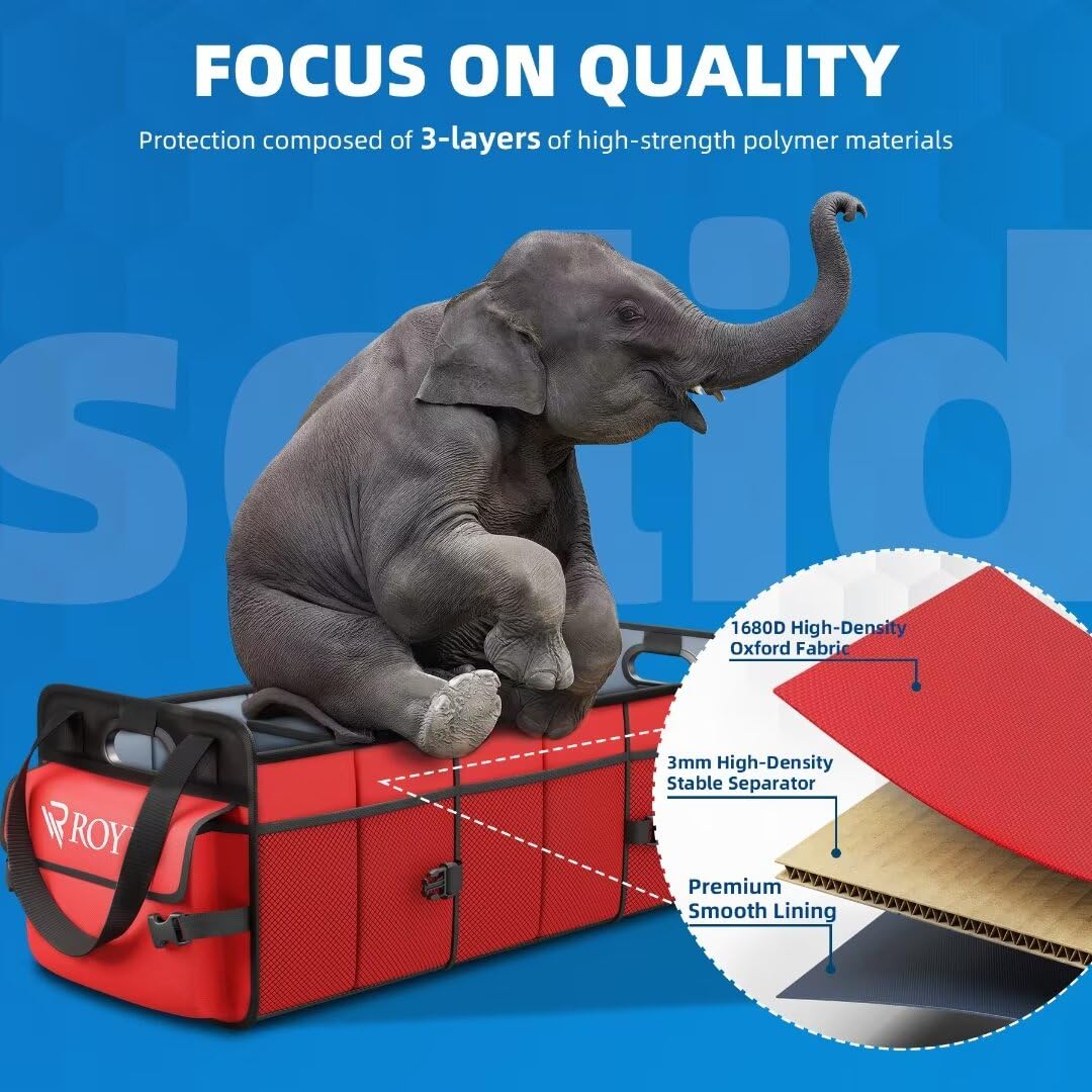 Upgraded Collapsible Car Trunk Organizer with 3 Large Compartments & Tool Grips - Portable SUV Truck Cargo Storage with Reinforced Handle (Red) - Perfect for Road Trips, Grocery Hauling & Sports Equipment Storage