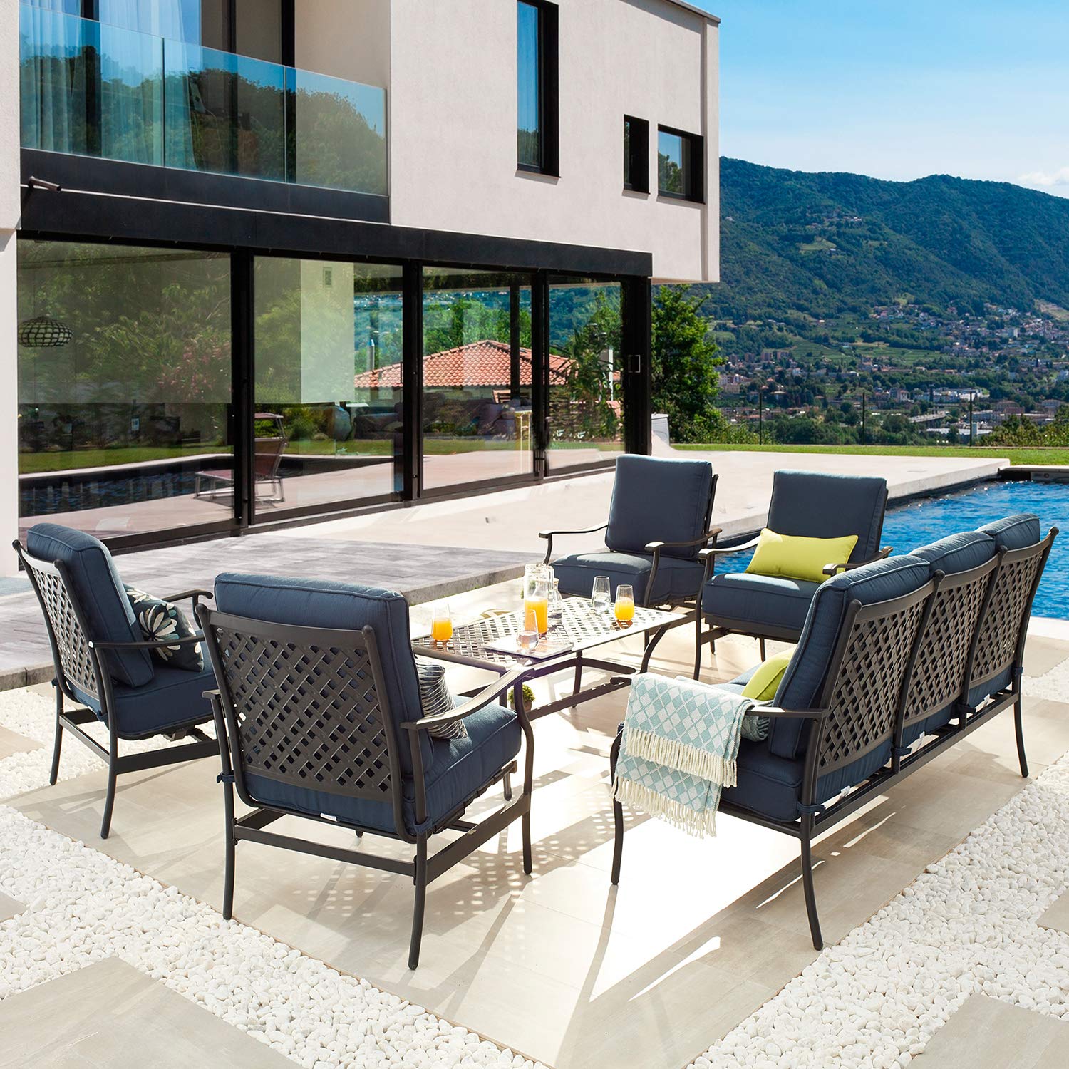 PatioFestival 6-Piece Outdoor Conversation Set with Cushions & Weather-Resistant Galvanized Steel Frame - Blue | Perfect for Backyard, Garden, Poolside & Patio Relaxation