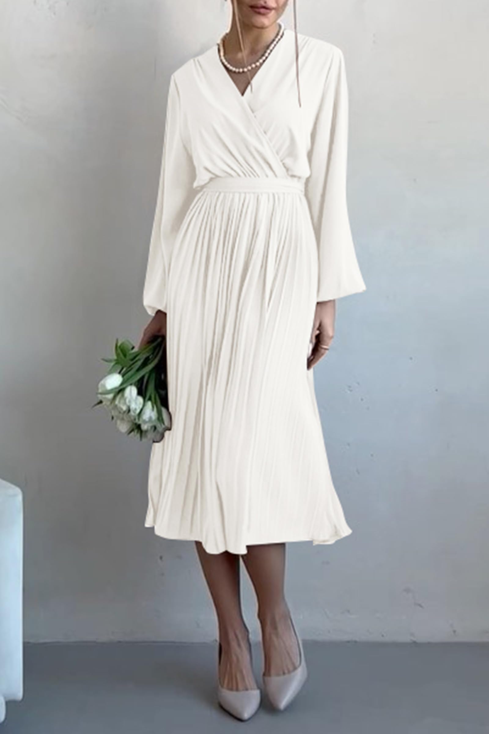 PRETTYGARDEN Women's Spring & Fall Midi Dress with Long Puff Sleeves, Wrap V-Neck, Flowy Ruffle Pleated Design - Perfect for Casual Outings, Date Nights & Office Wear