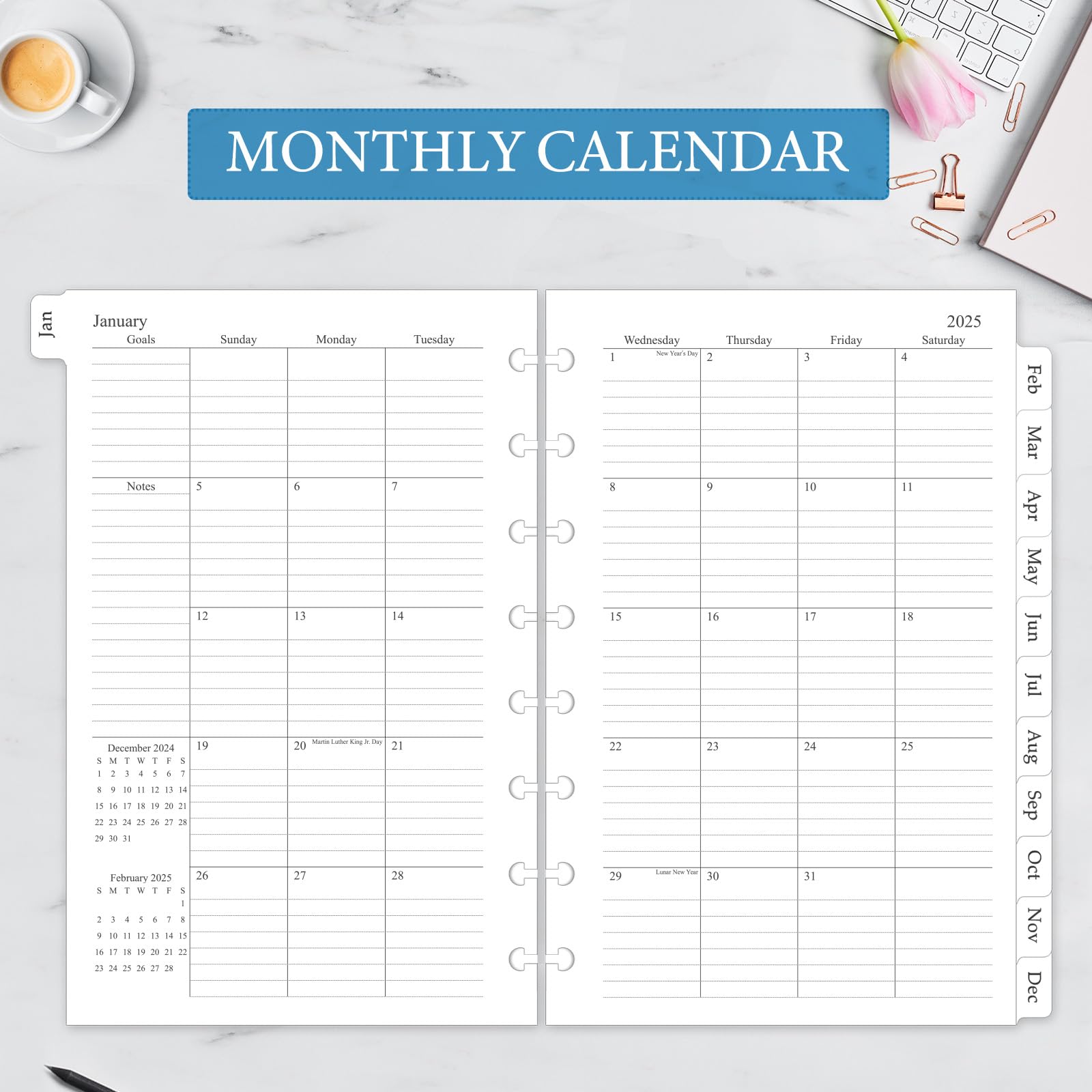 2025 Weekly & Monthly Planner Refill Inserts for 8-Disc Discbound Planner - 12 Monthly Calendars with Tabs, 5.5