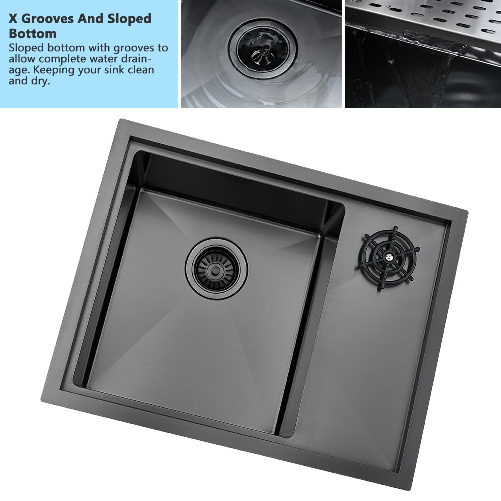 24 Inch Black Undermount Kitchen Sink with Glass Rinser - 16 Gauge Deep Single Bowl Stainless Steel Sink for Wet Bar & Workstation | VASOYO 24x19 Inch | Perfect for Modern Kitchens, Bars & Commercial Use