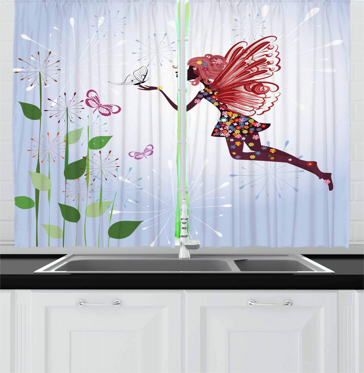 Ambesonne Butterfly Print Kitchen Curtains - Floral Butterfly Wing & Dandelion Design Window Drapes, 2 Panel Set for Kitchen & Cafe Decor, 55